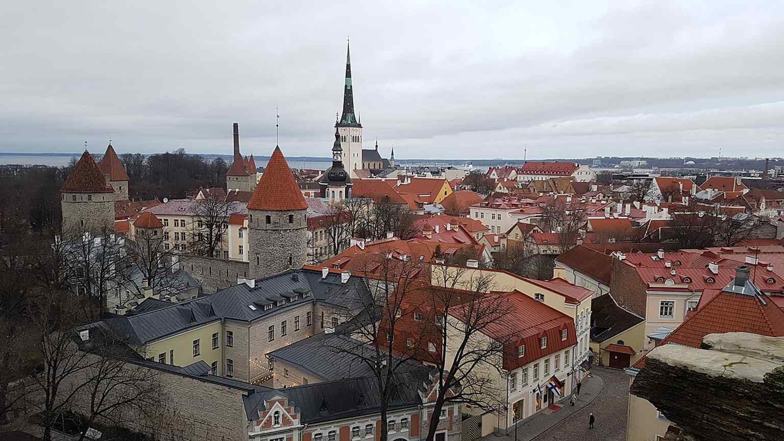 A broad elevated panorama over the medieval core, useful for showing how the Old Town sits within the modern city.