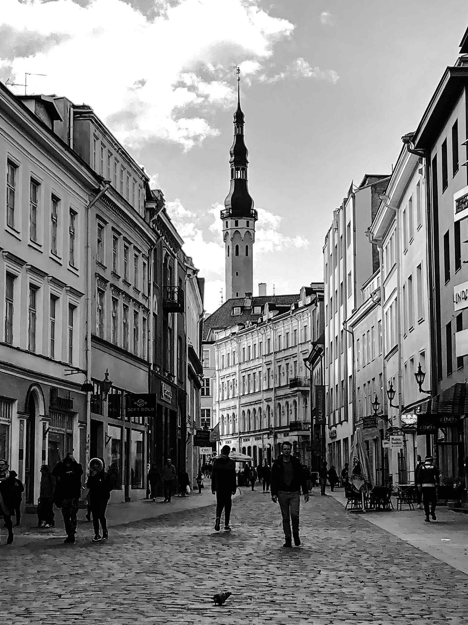 Viru Street looking toward the Town Hall, a lively Lower Town street still shaped by the medieval street plan.