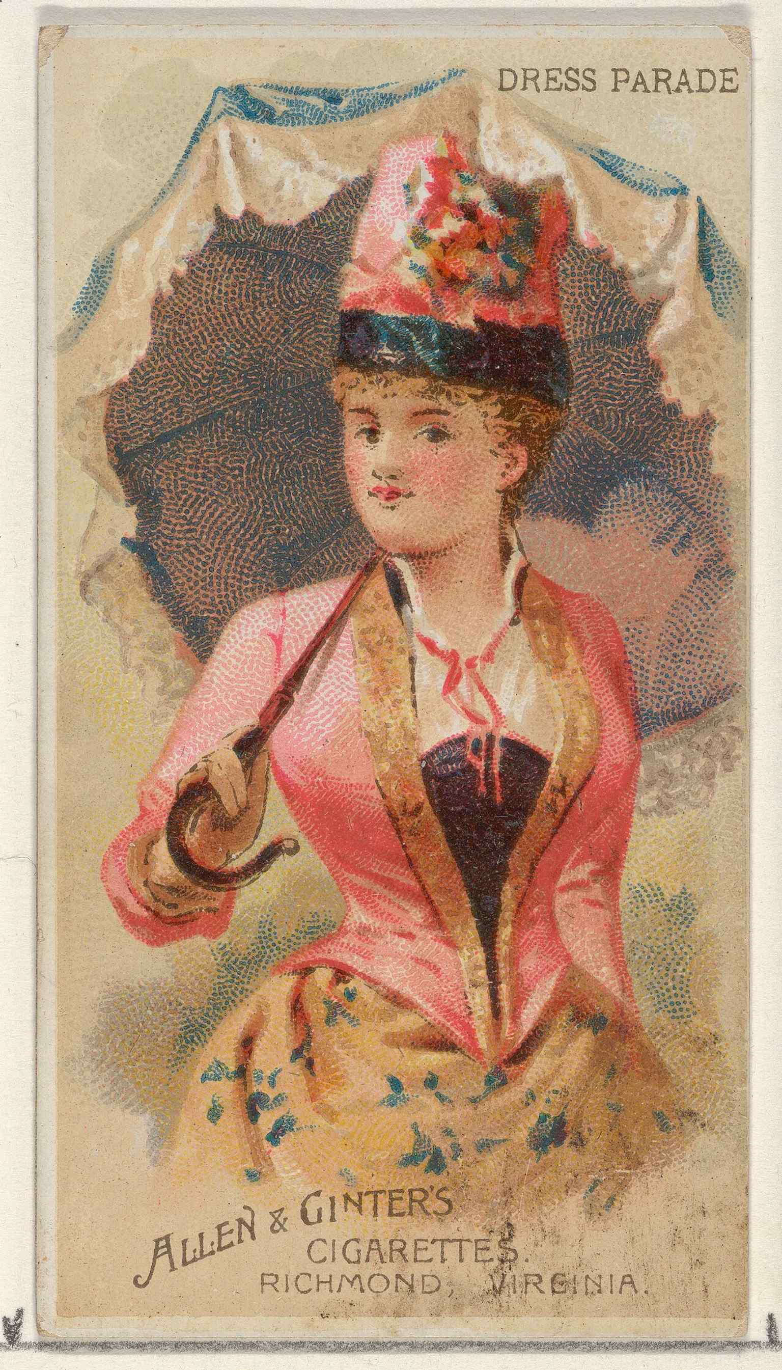 A 19th-century cigarette-card print about dress and fashion, echoing the Met’s interest in costume and design history.