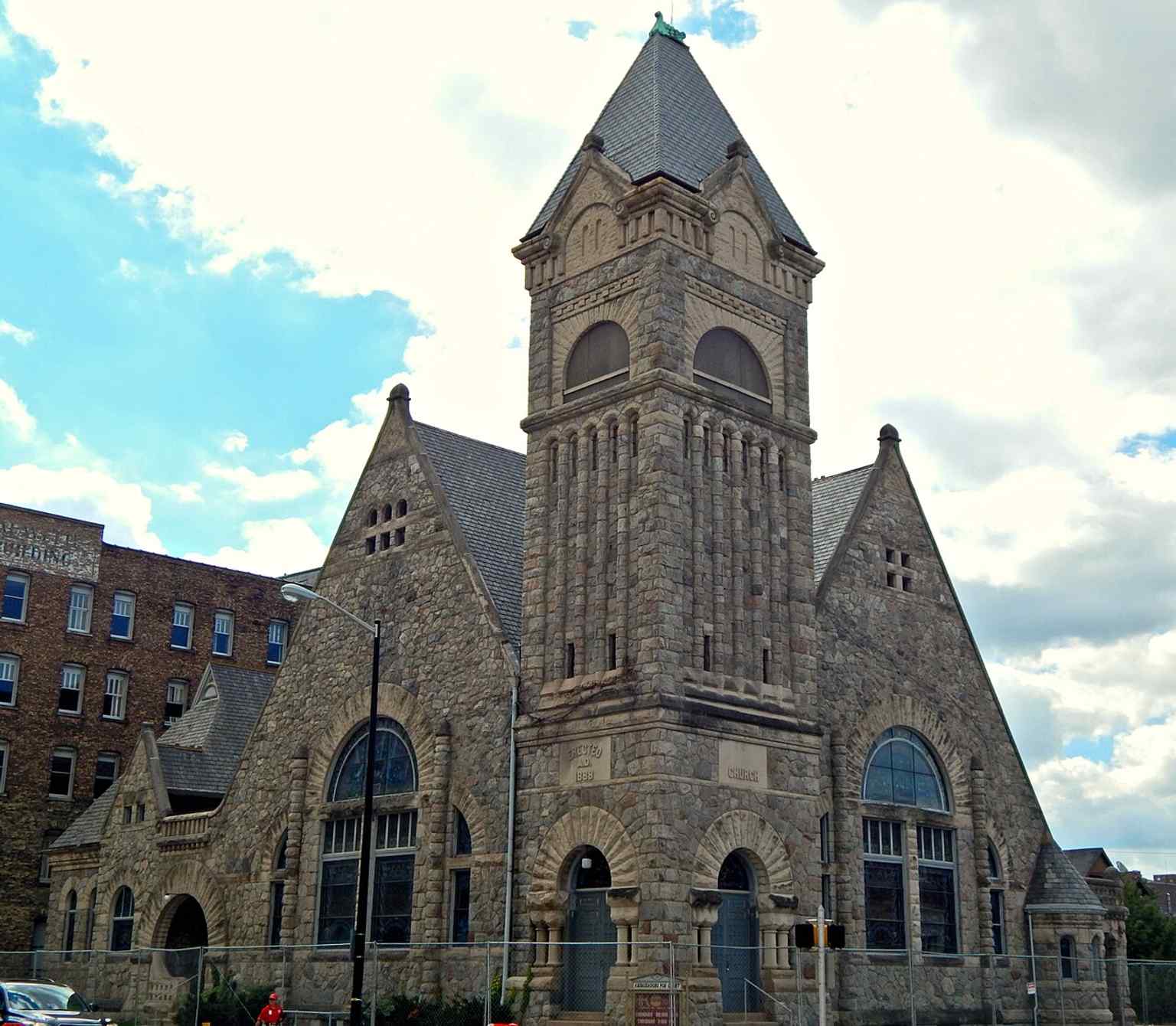A clear view of the former First Presbyterian Church on Lafayette Street, now preserved as a historic landmark in South Bend.