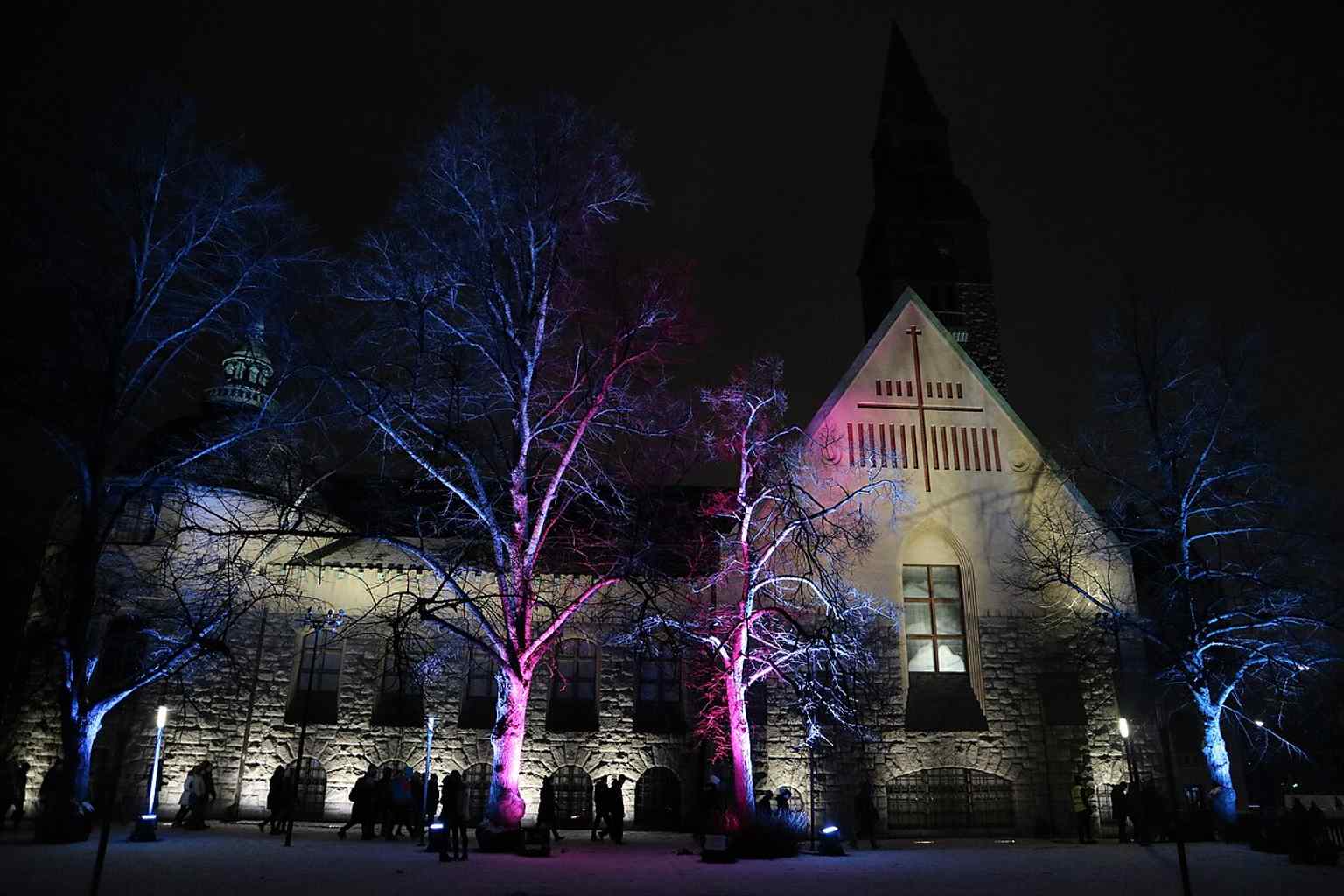 The museum glowing during Lux Helsinki — a striking nighttime view that shows the building as a city landmark.
