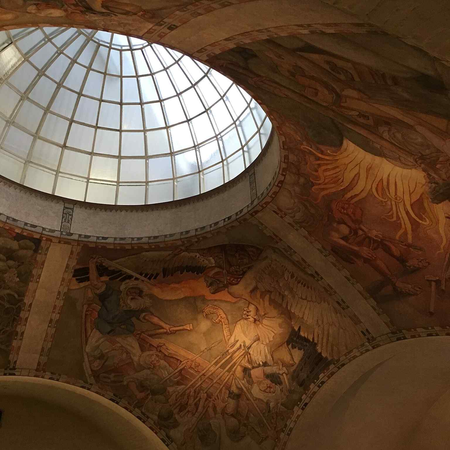 Gallen-Kallela’s Kalevala ceiling frescoes in the entrance hall, painted in 1928 from motifs first used at the Paris World’s Fair.