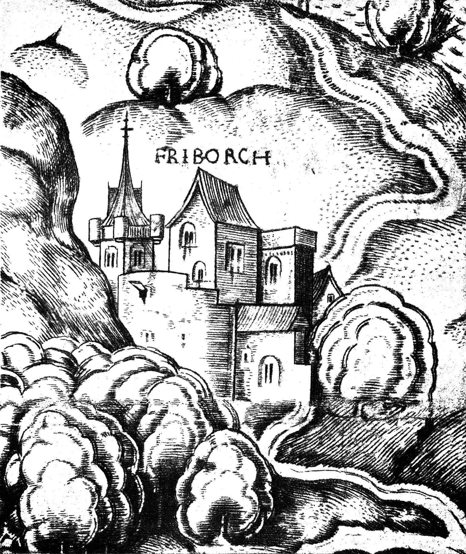 A historic plan from Freiburg’s old city views, showing how the castle hill once overlooked the town before the fortress was dismantled.
