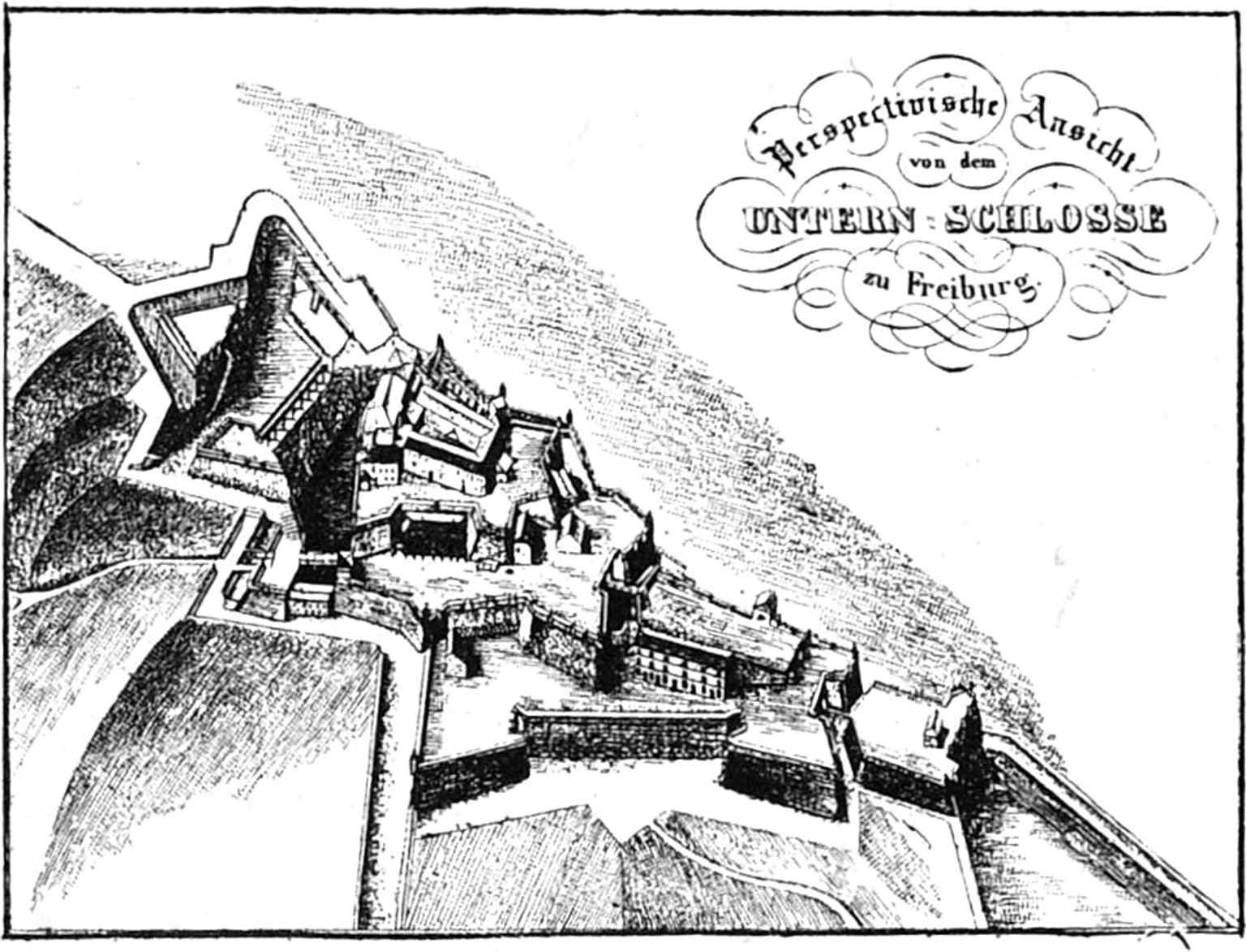 An older Freiburg view tied to the vanished Schlossberg castle, useful for showing the hill’s former strategic position above the city.