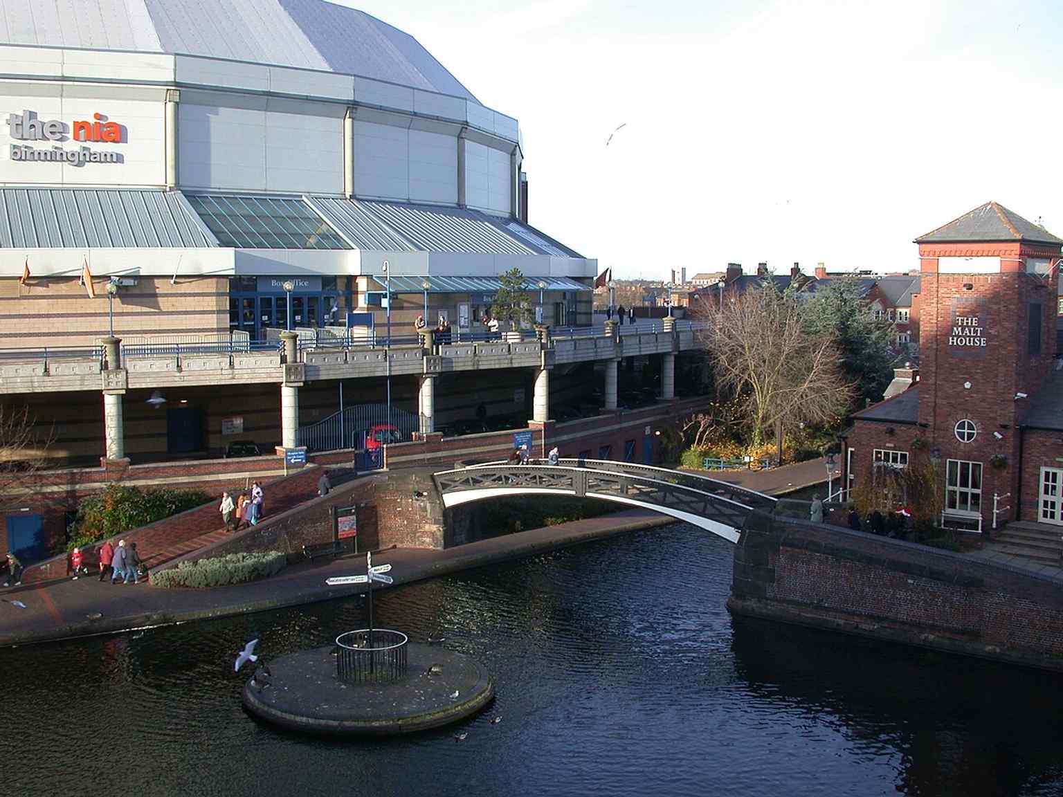 An elevated view showing the National Indoor Arena beside Old Turn Junction and the Sea Life Centre, exactly where the arena sits in Brindleyplace.