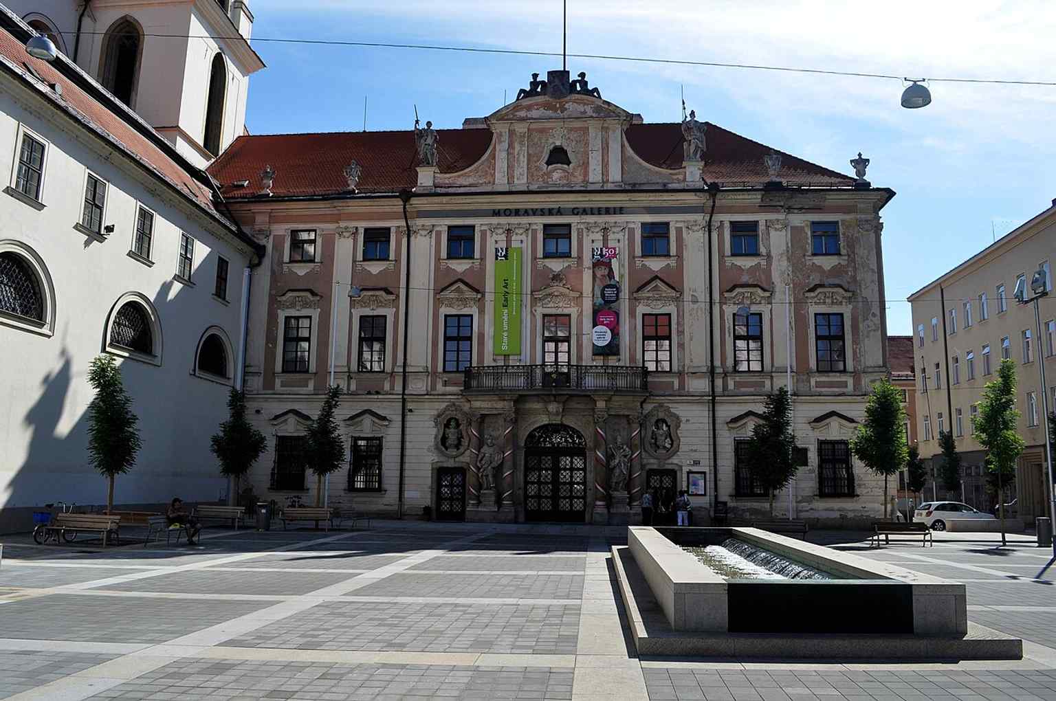 The palace seen in context with Moravian Square, helping place the building among Brno’s main civic landmarks.