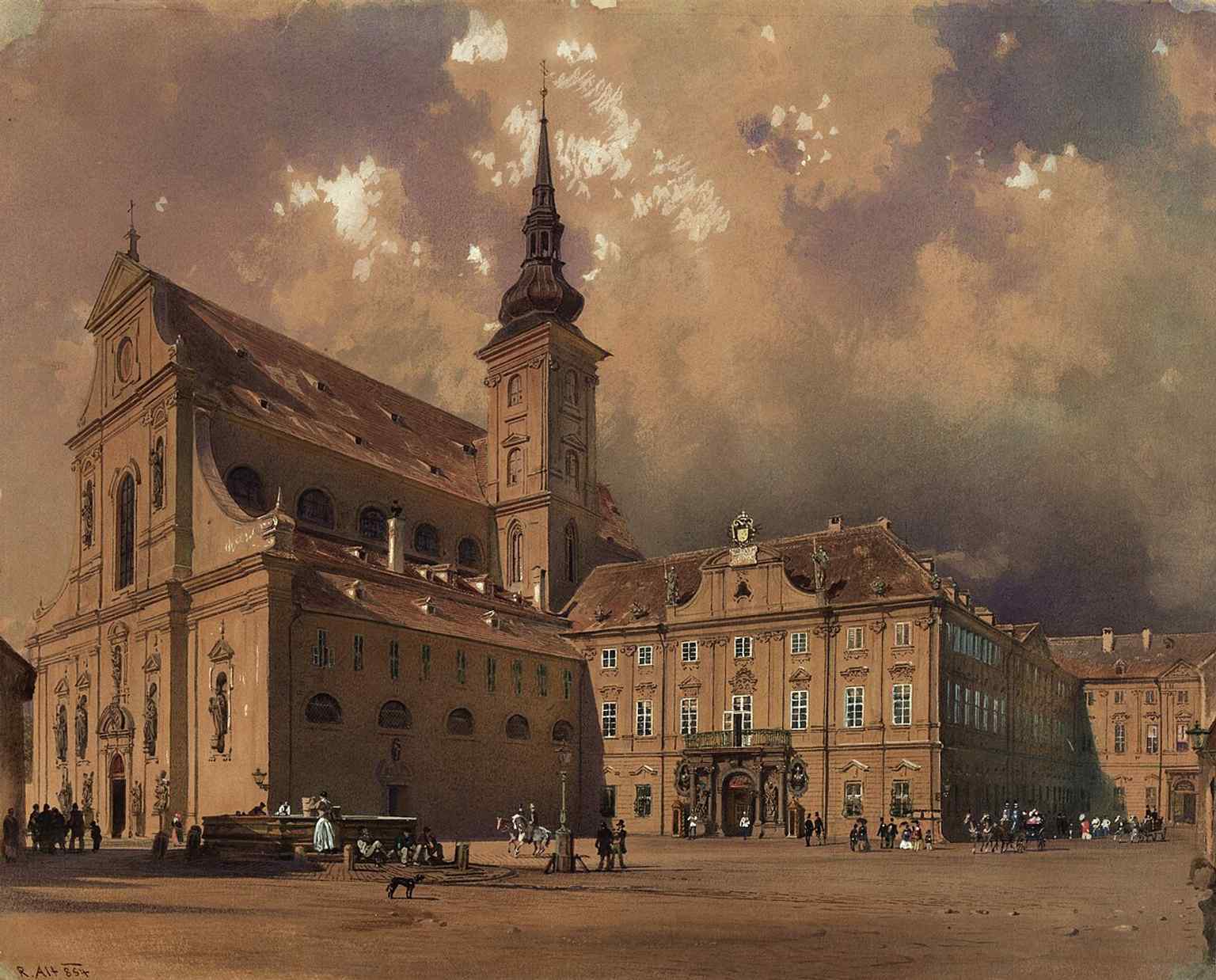 An even earlier 1854 view with St. Thomas Church beside the palace, highlighting the close historical link between the two landmarks.