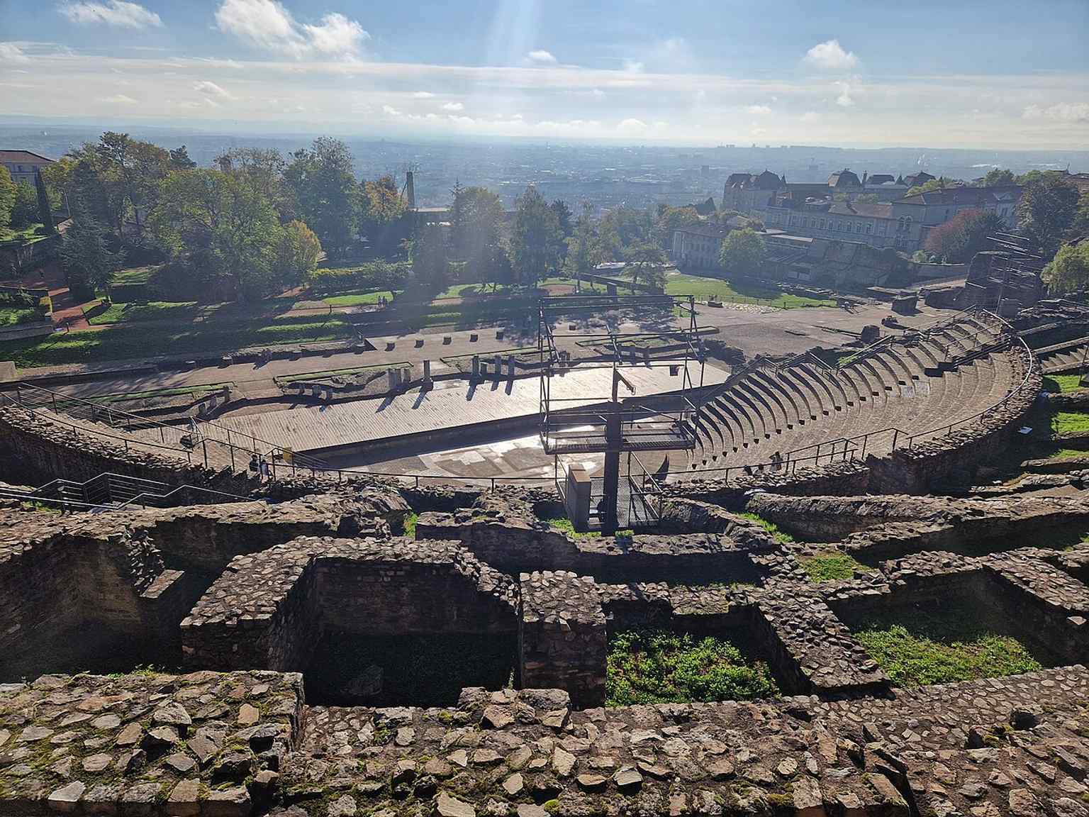 Looking out from the theatre toward modern Lyon, this image echoes the site’s role as a landmark linking Roman Lugdunum to the contemporary city.