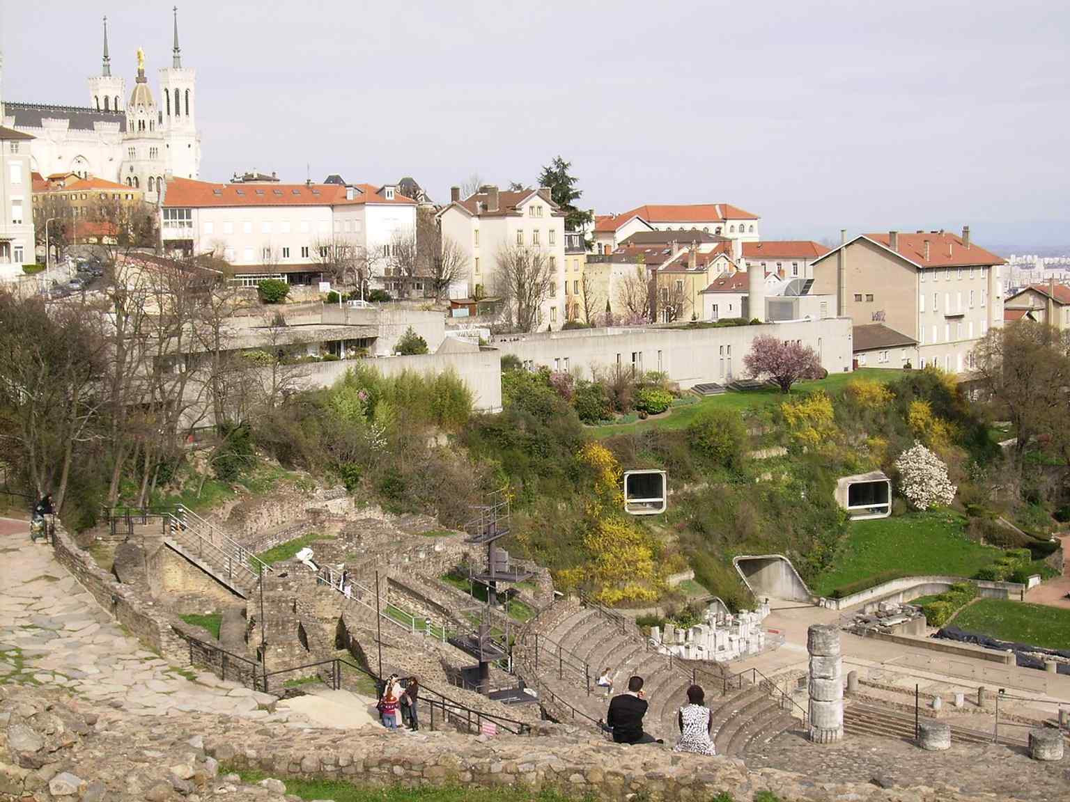 The museum’s theater-side exterior, tucked into Fourvière hill to preserve the Roman ruins above it.