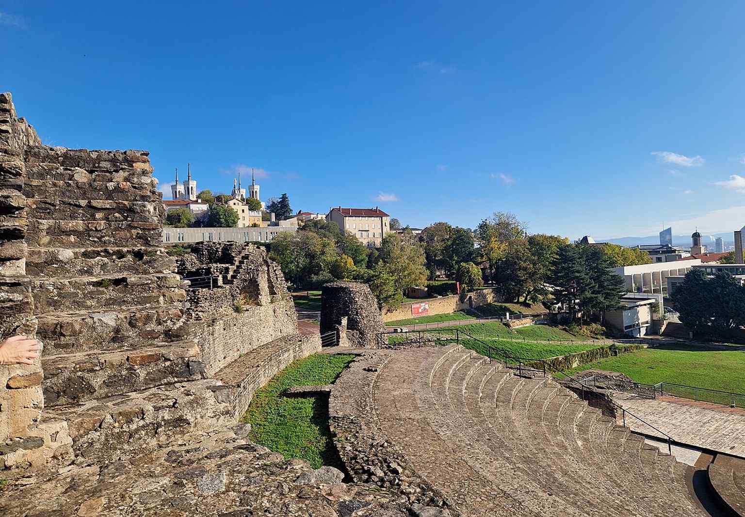 The Lugdunum Museum below the Odéon, showing how the building sits beside the Roman theater complex and basilica.