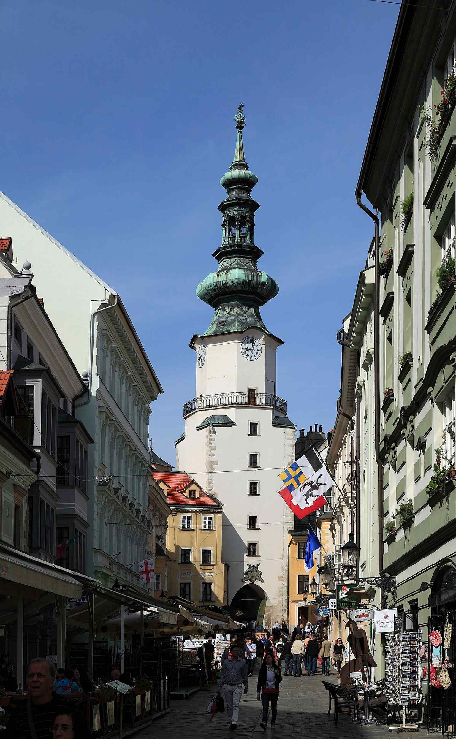 The Michael’s Gate tower rises above Michalská Street, showing the only surviving city gate from Bratislava’s medieval fortifications.
