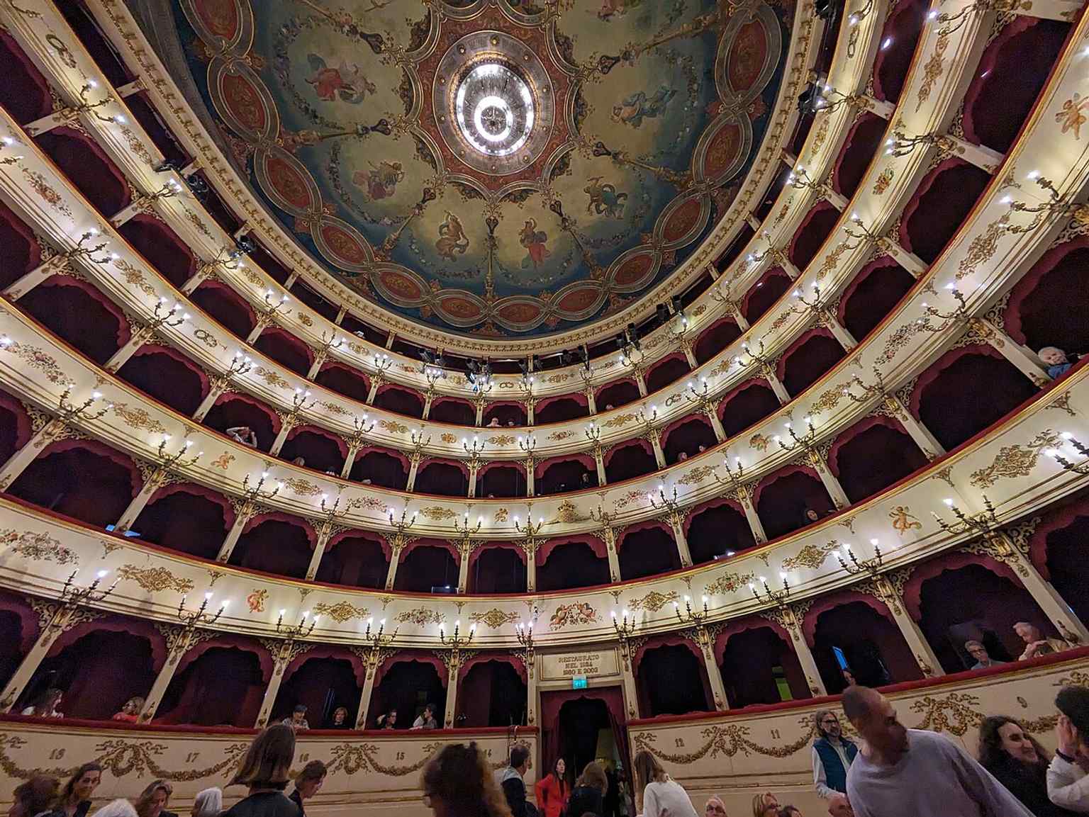 Architectural details of the Rossini Theatre, a venue repeatedly restored after damage, including the major post-earthquake reopening in 1934.