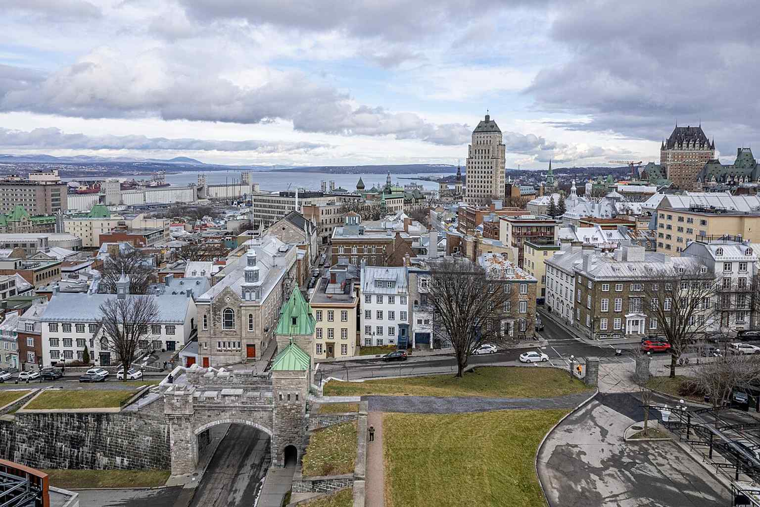 An aerial view of Old Quebec near Kent Gate and Dauphine Street, showing how the fortifications weave through the historic street pattern.