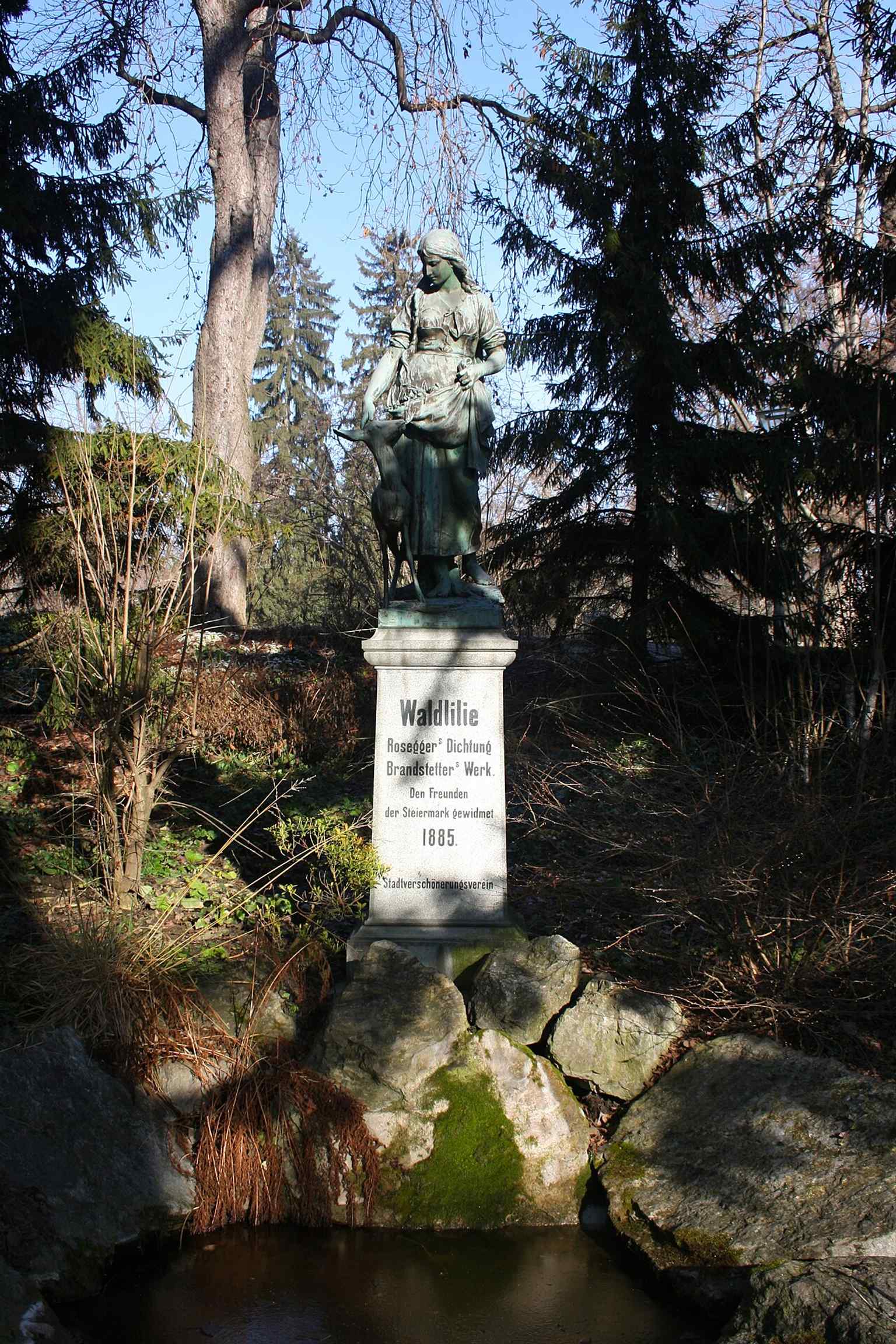 Hans Brandstetter’s Waldlilie, a monument to Peter Rosegger, showing how the park became a showcase for regional cultural figures.