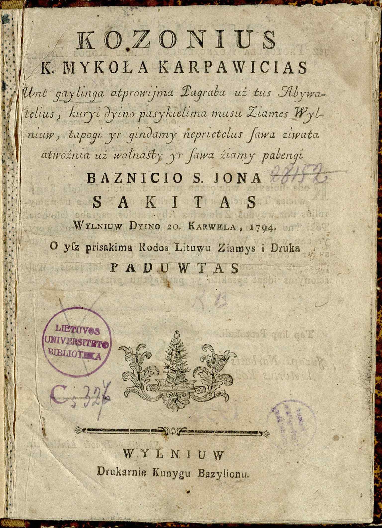 A 1794 Lithuanian sermon delivered in the Church of St. Johns — a reminder that the church was also a stage for preaching and public life.