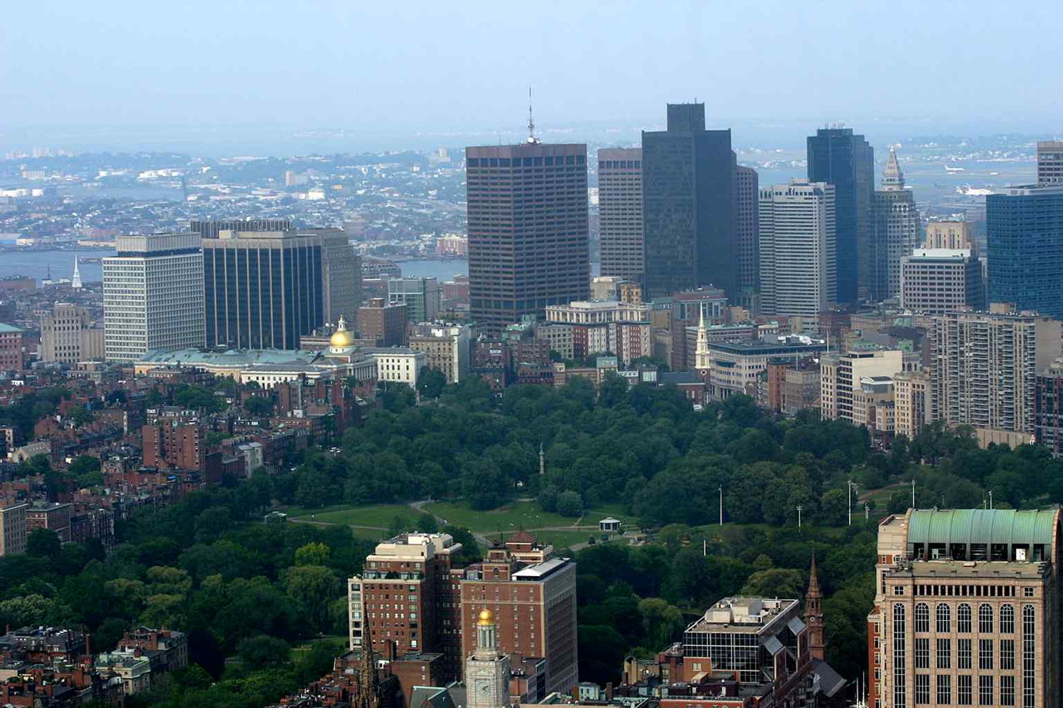 A broad aerial view of Boston Common, showing the park’s huge open green space in downtown Boston.