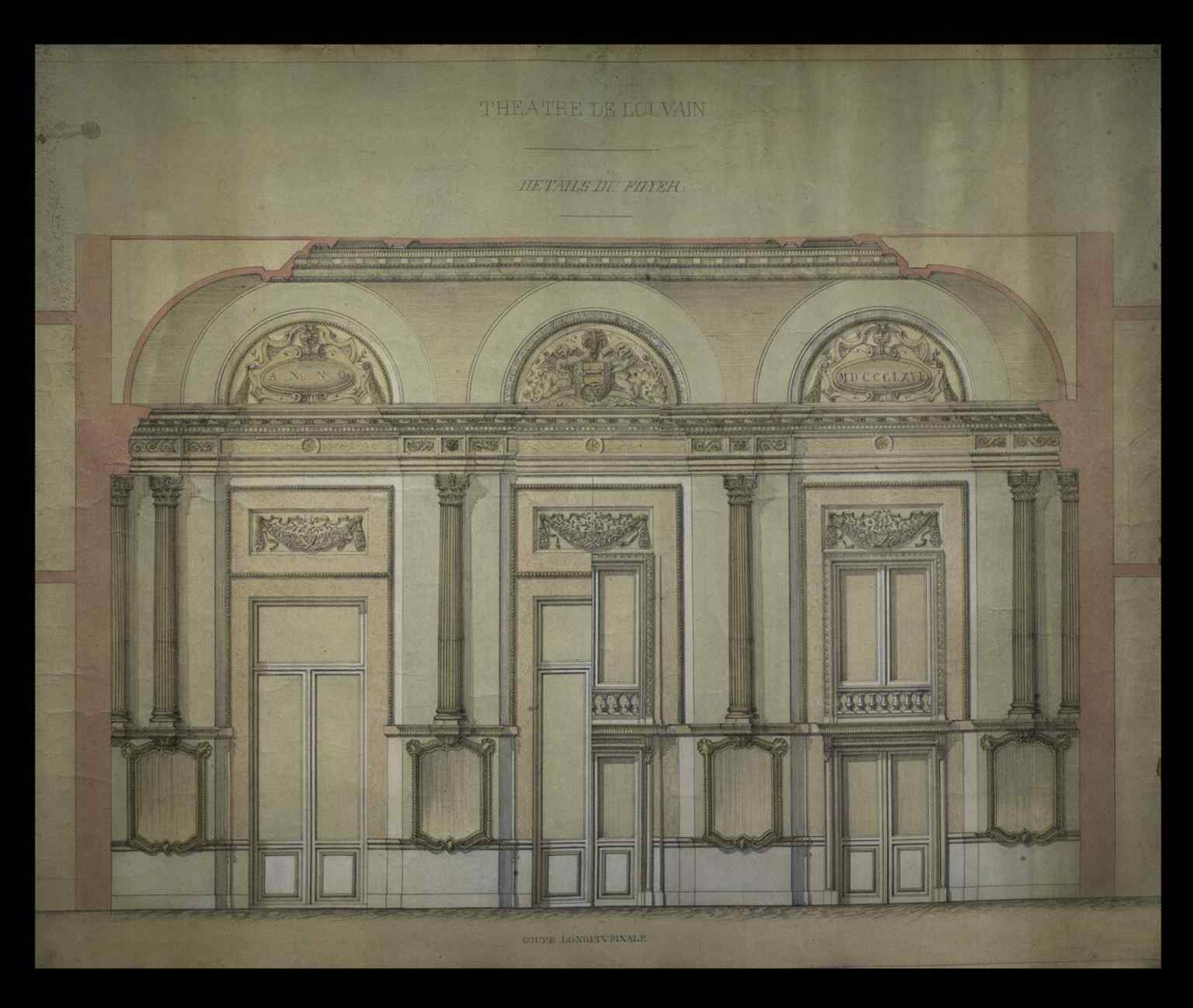 Original 1863 interior design drawings for Leuven’s new theatre, created before construction began to replace the lost Frascati hall.