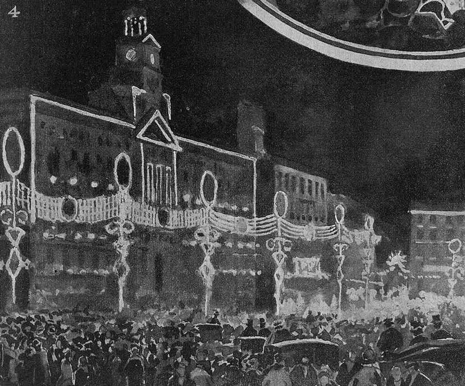 A 1905 illustration of Sol illuminated at night, a vivid reminder that the plaza has long been a dramatic center of Madrid life.