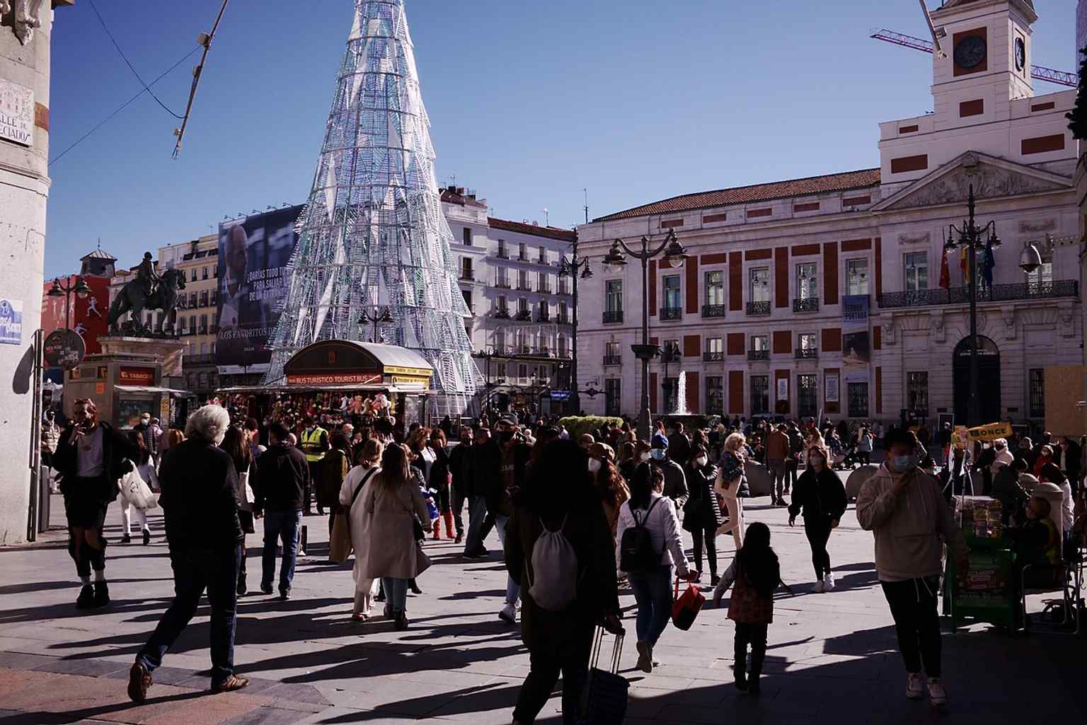 Puerta del Sol during a quiet winter moment, emphasizing its role as a major pedestrian meeting place even in everyday city life.