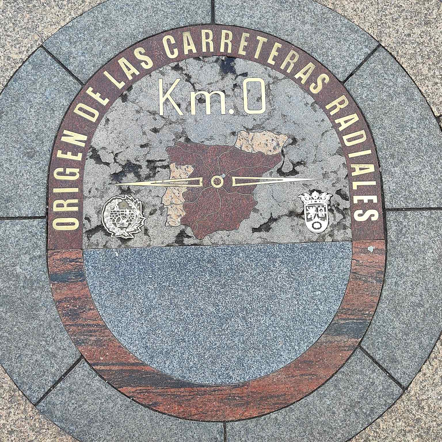 A contemporary close-up of the Km 0 monument, showing how this tiny marker sits at the center of a constantly busy square.