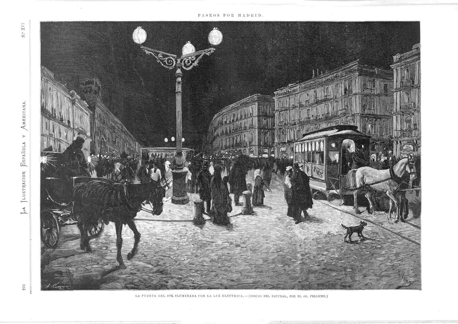 A 1878 illustration of Puerta del Sol lit by electric light, capturing the moment when modern technology was transforming the square.