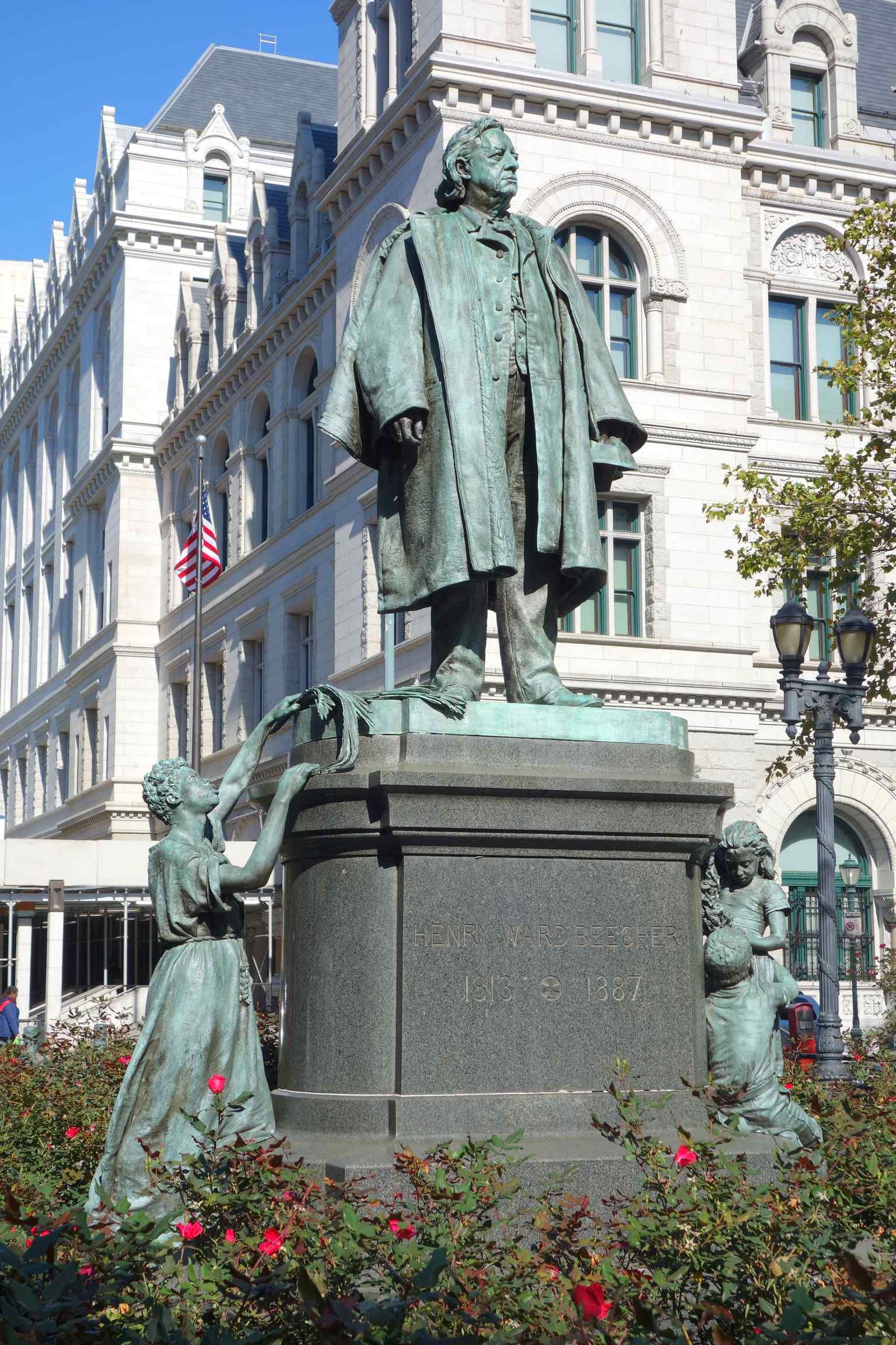Another close-up detail of the Henry Ward Beecher statue, highlighting the bronze artistry that contributed to its acclaim as one of the nation's finest public monuments.