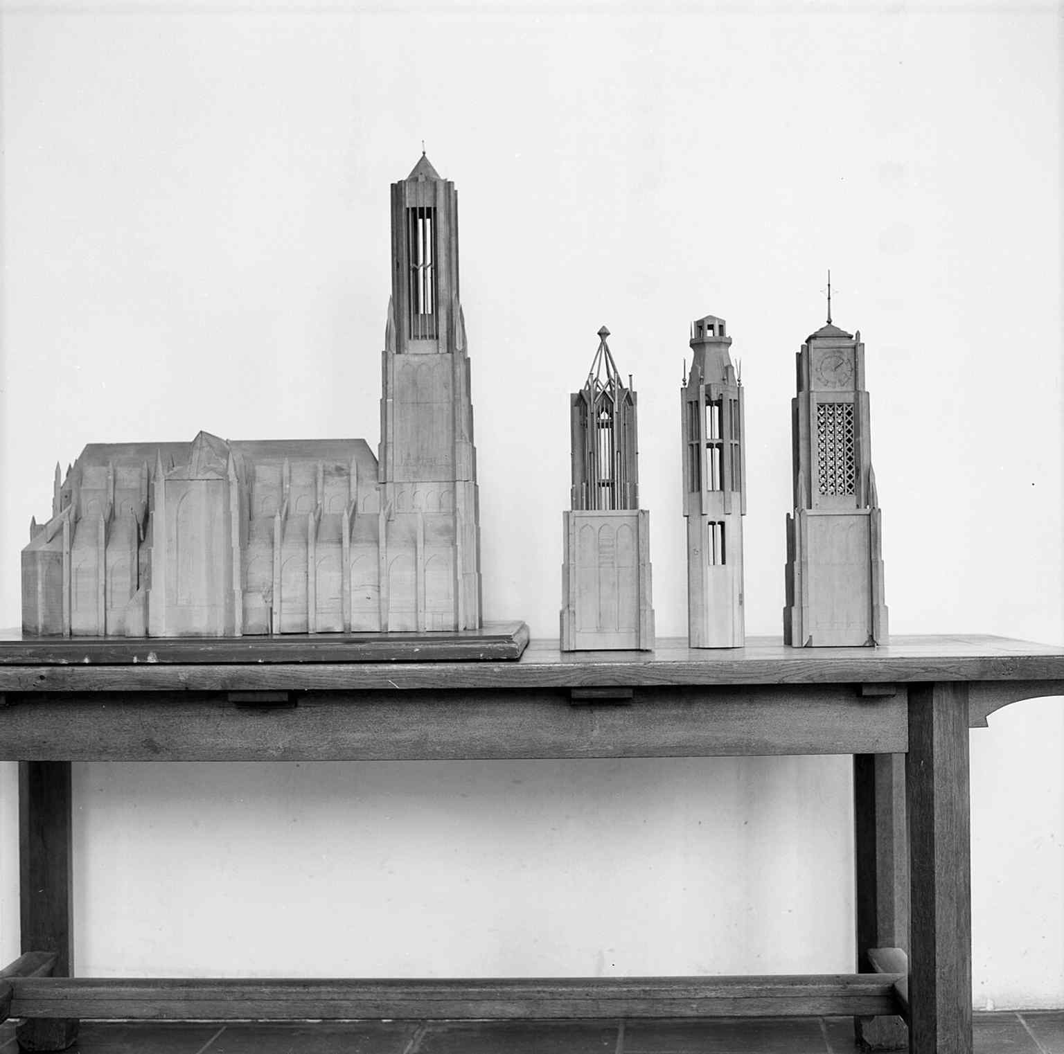A restoration-era model of the tower’s crowning elements, connecting the church to its 20th-century rebuilding story.