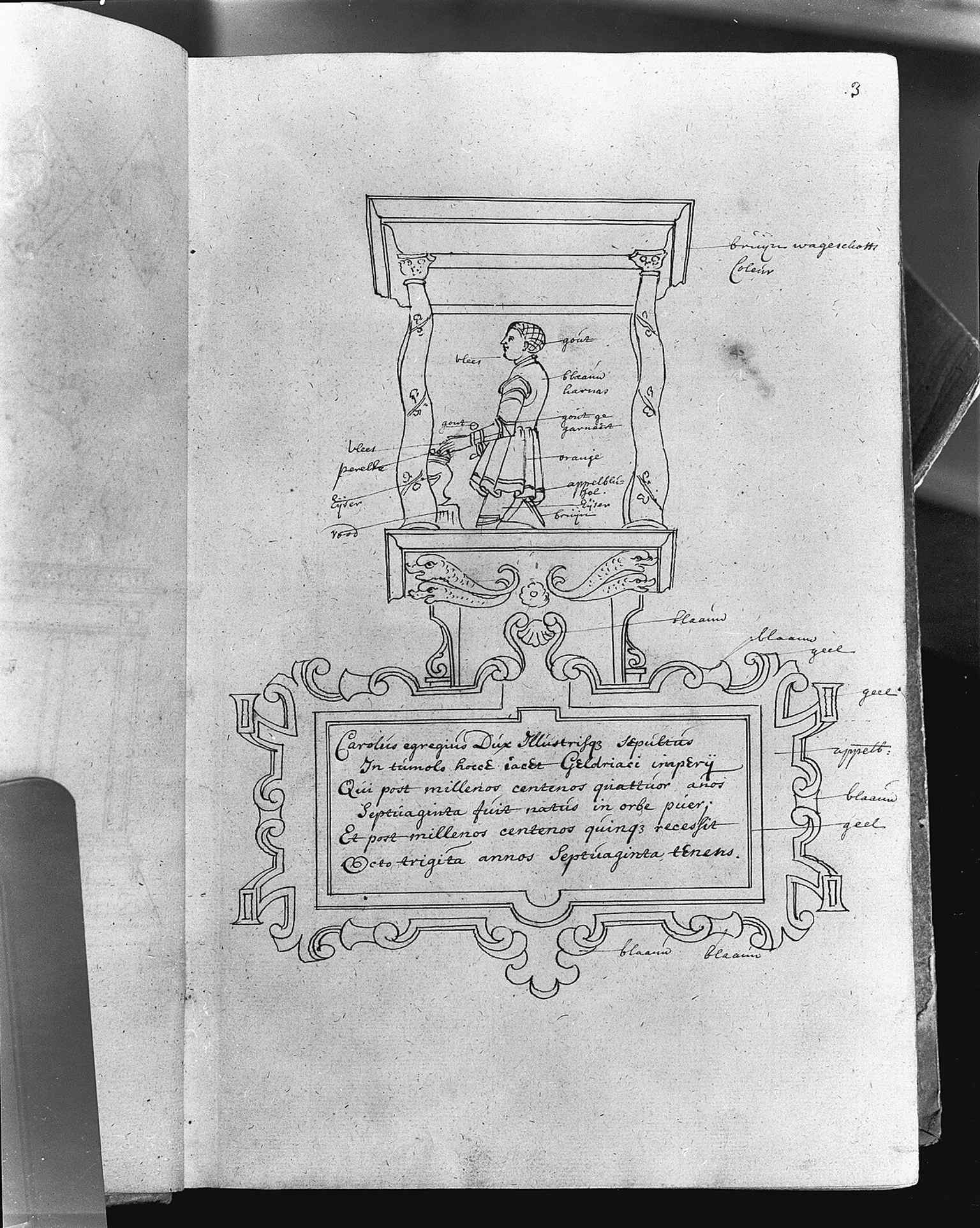The kneeling figure in armor recalls the famous ‘man in the cabinet’ above Karel van Gelre’s tomb.