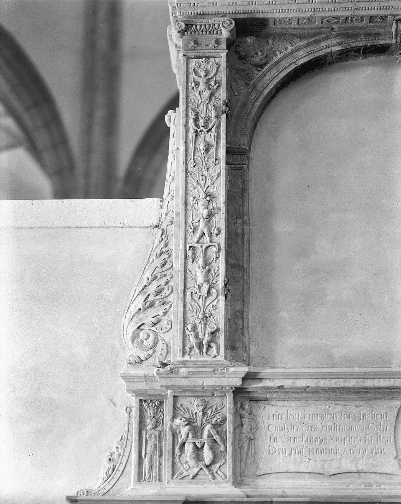 The epitaph of Joost Sasbout survived wartime destruction almost untouched, making it one of the church’s remarkable survivals.