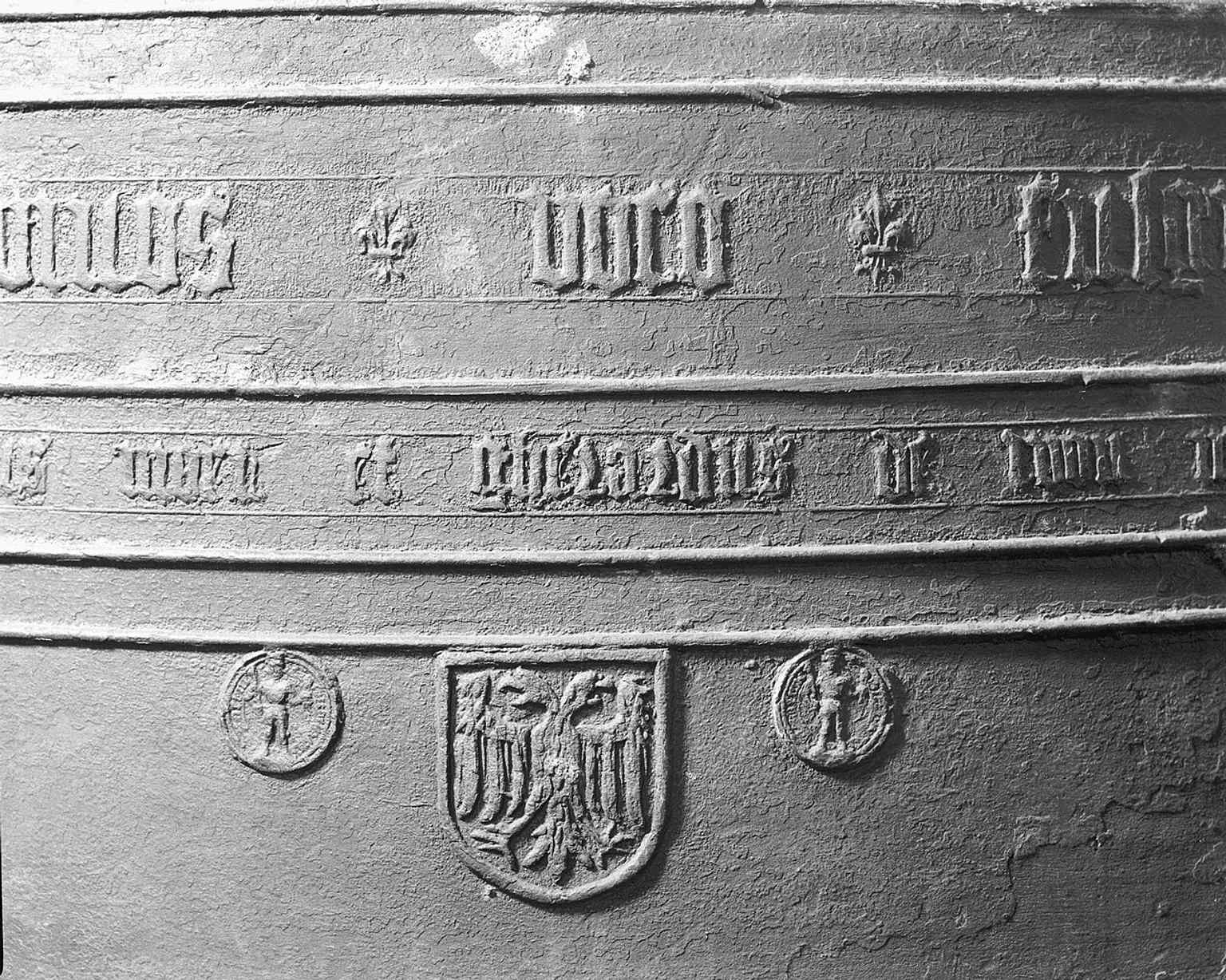 One of the historic bells cast in 1477 by Geert van Wou and Gobel Moer, part of the church’s long carillon tradition.