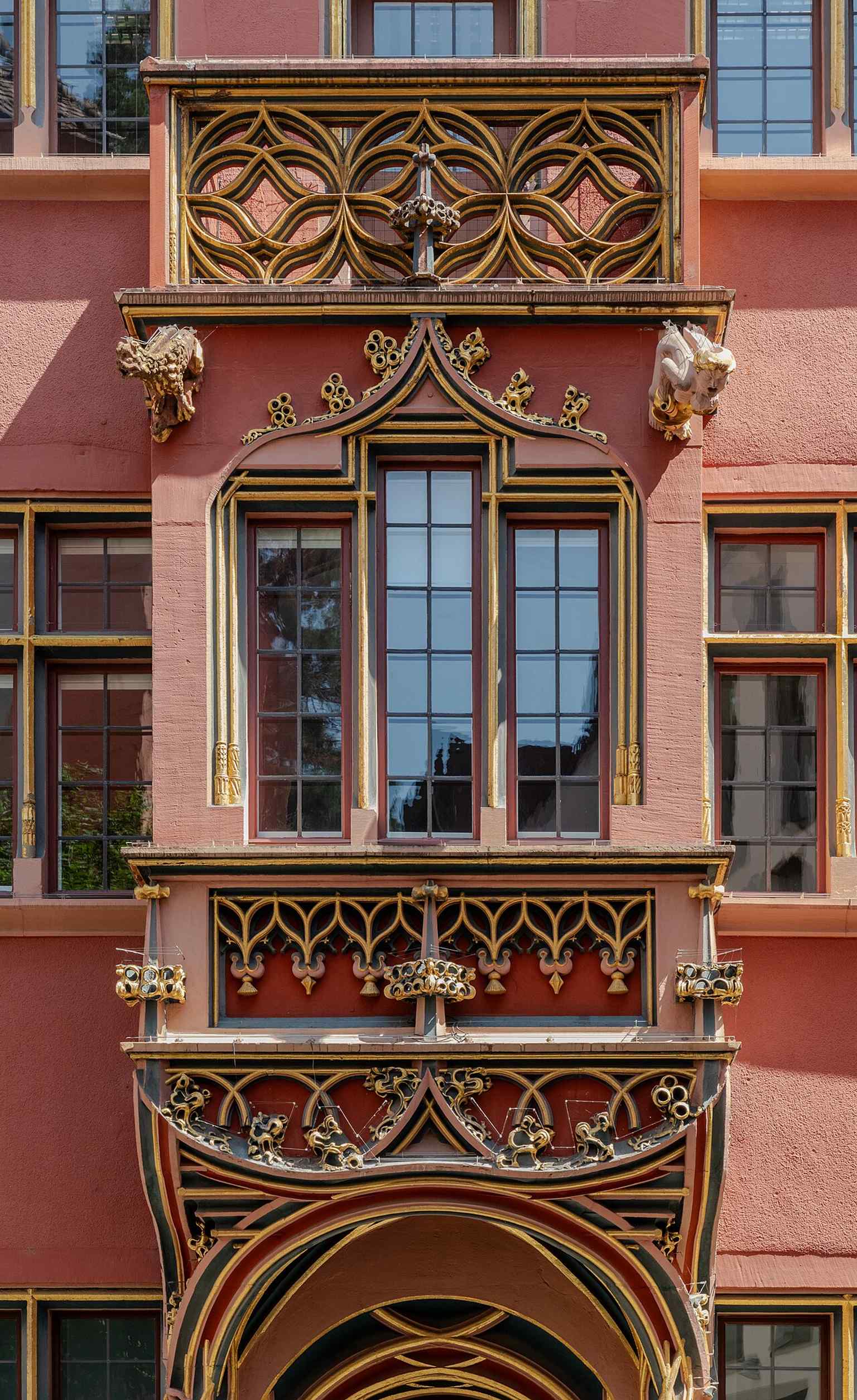 A close look at one of the house’s historic windows, showing the preserved facade details that survived the 1944 fire.