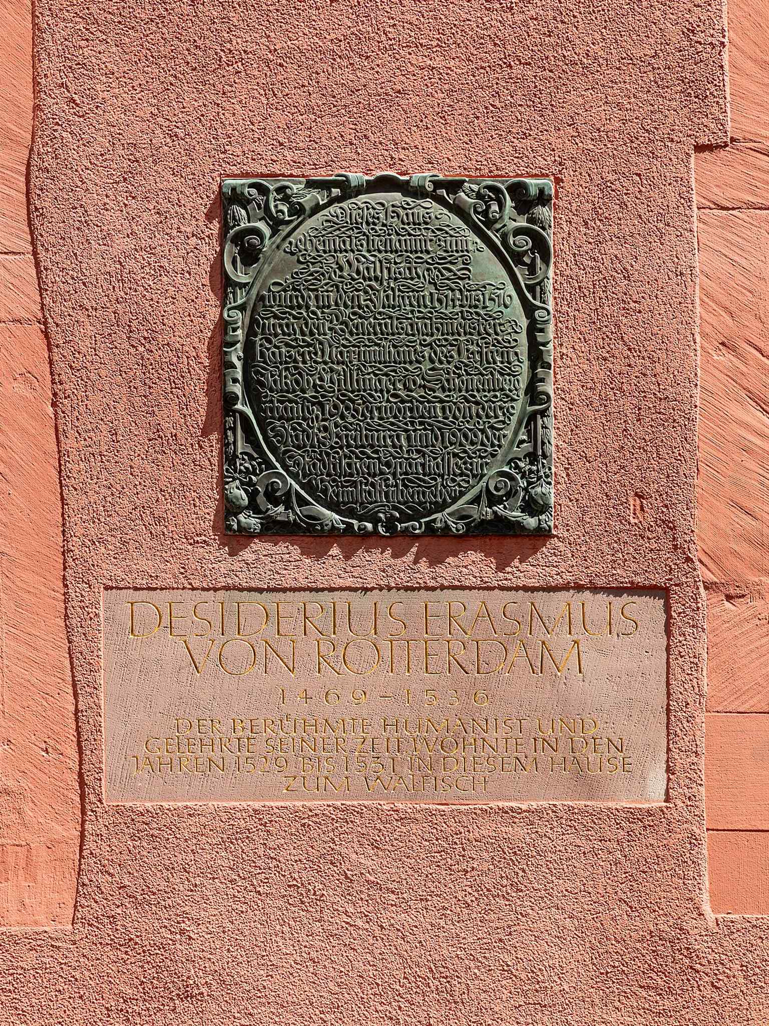 The Erasmus of Rotterdam memorial plaque, recalling his stay here in 1529–1531 when the house was still unfinished.