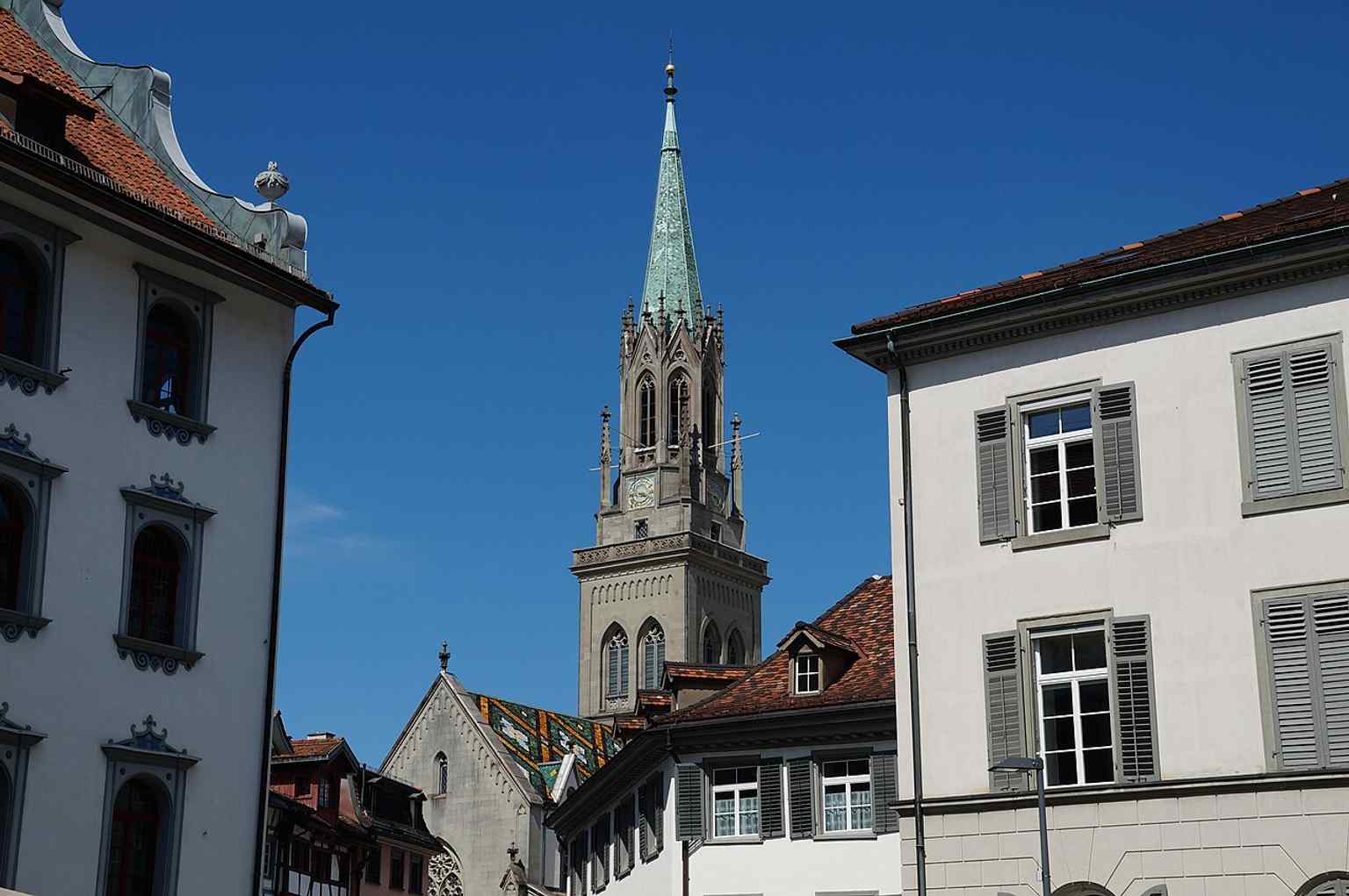 A clear front view of St. Laurenzen’s neo-Gothic façade, reflecting the 1850s reconstruction that largely followed Johann Georg Müller’s renovation plans.