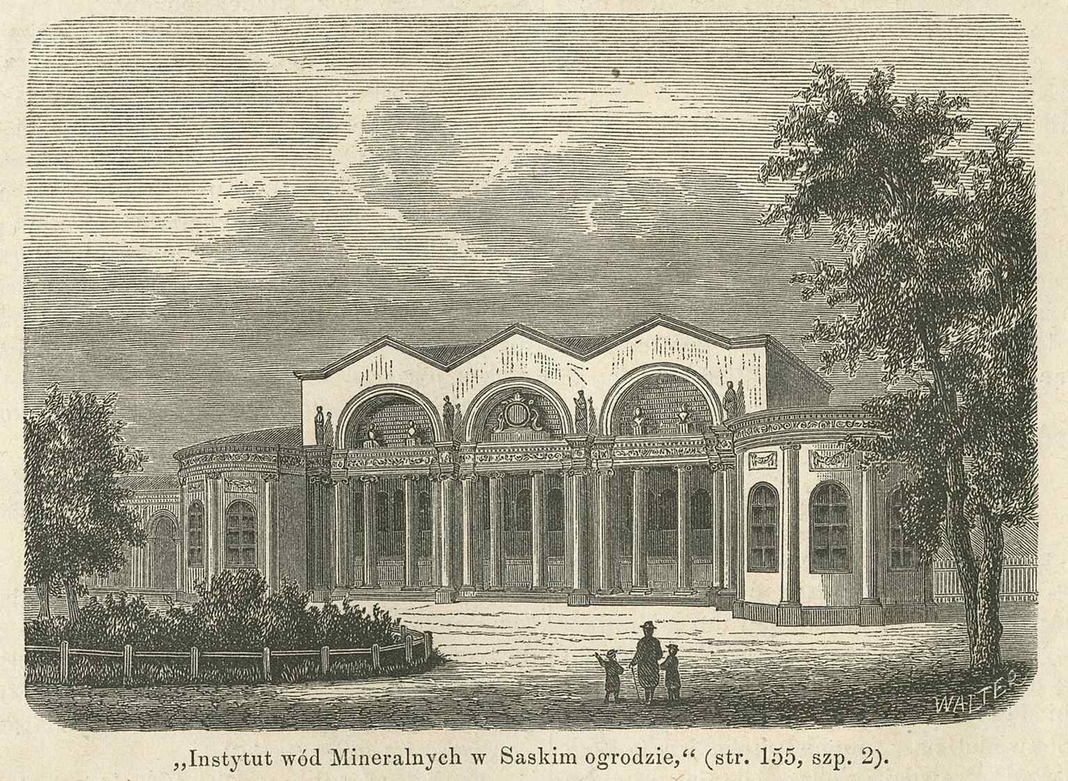 A 1863 view of the mineral-water institute in the Saxon Garden, showing how the park also hosted 19th-century leisure and wellness culture.