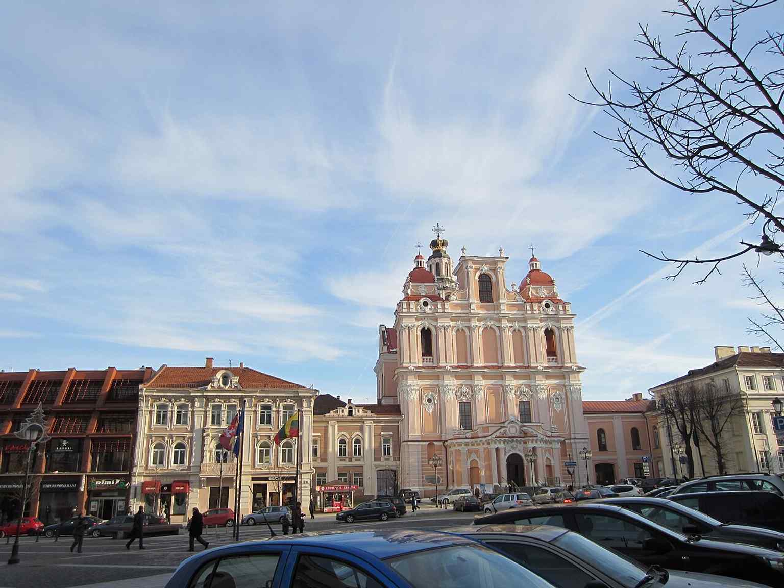 A clear front view of St. Casimir’s Church, the oldest Baroque church in Vilnius and a landmark just off Town Hall Square.