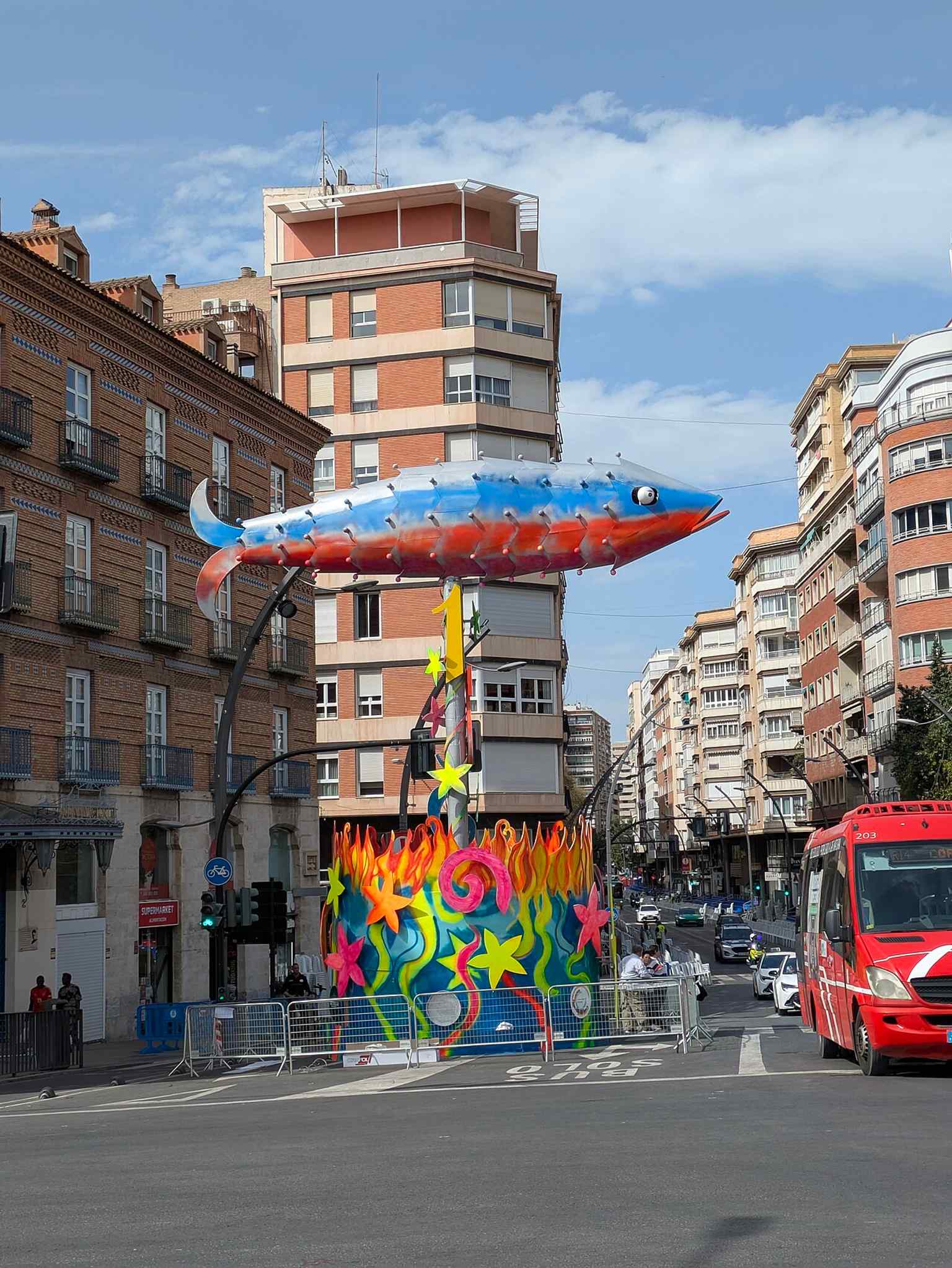 The monumental sardine catafalque designed for the 175th Anniversary of the Burial of the Sardine in Murcia, a towering structure burned at the culmination of the festivities.