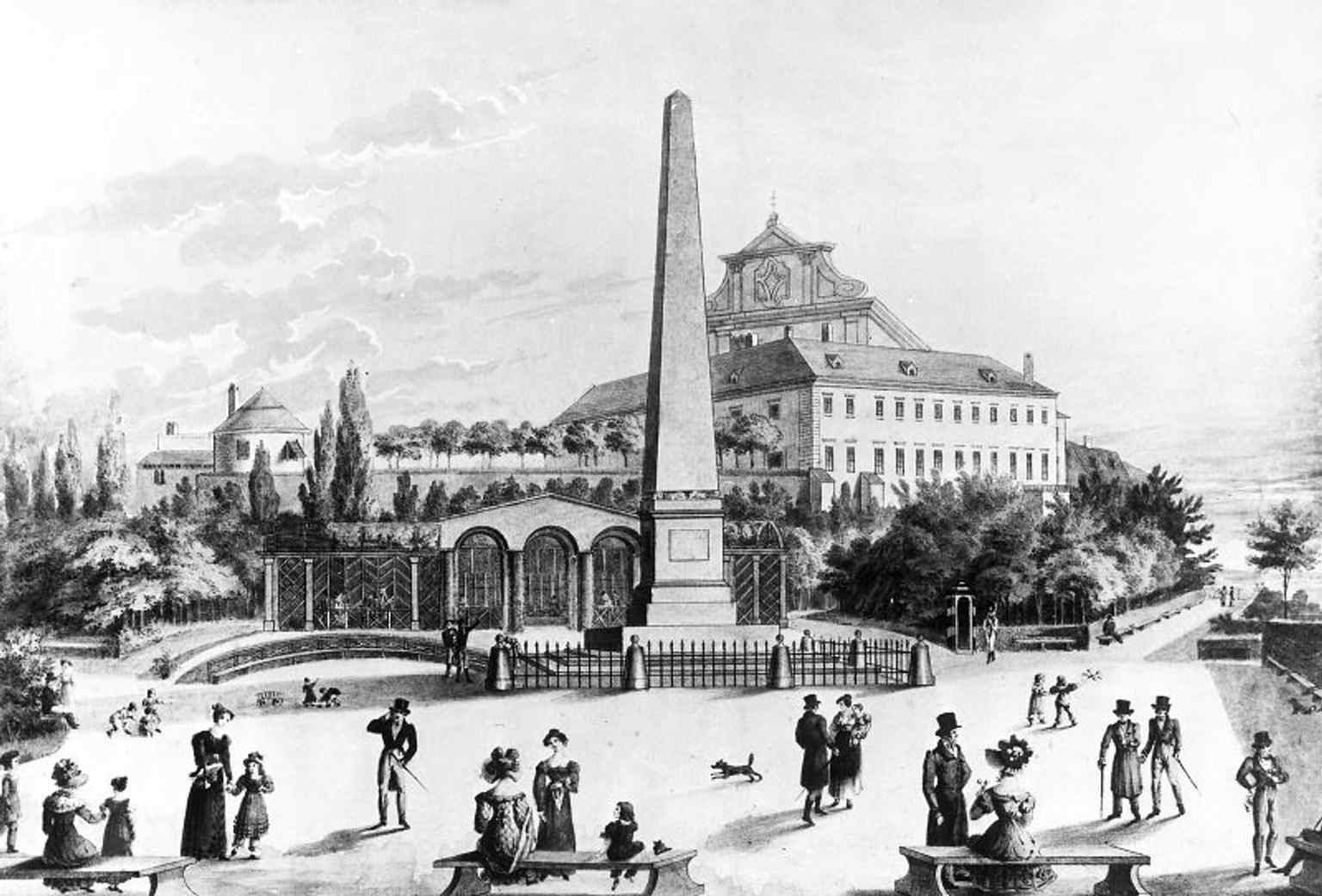 An 1820 view of the gardens and obelisk, from the park’s earliest public years after its 1818 opening.