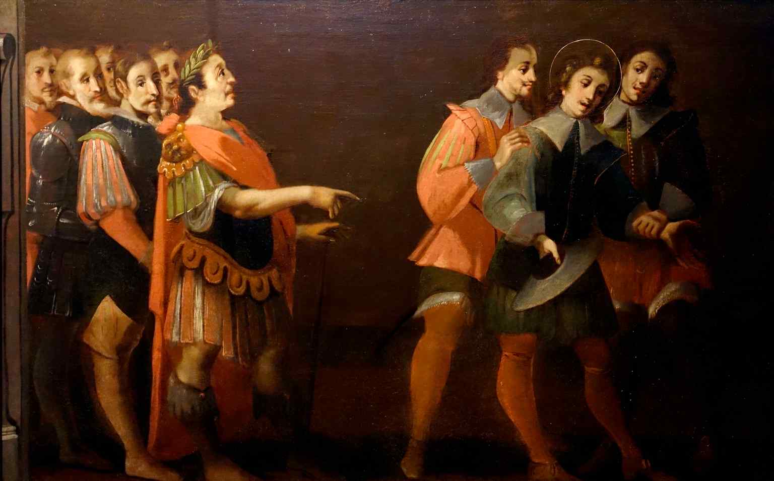 This 17th-century painting depicts scenes from the life of Saint Sebastian, who was venerated as a protector against the plague and is often shown shielding the city from deadly arrows.
