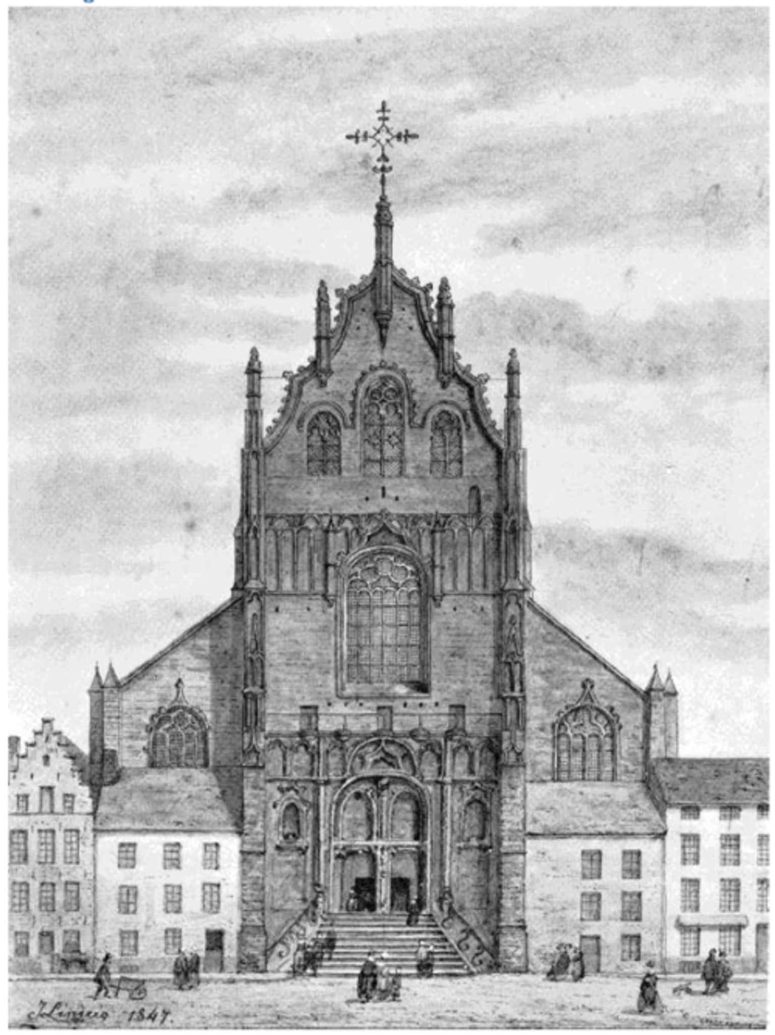 An 1847 reconstruction drawing of the façade, based on its appearance before the 1679 fire — useful for showing how the exterior changed over time.