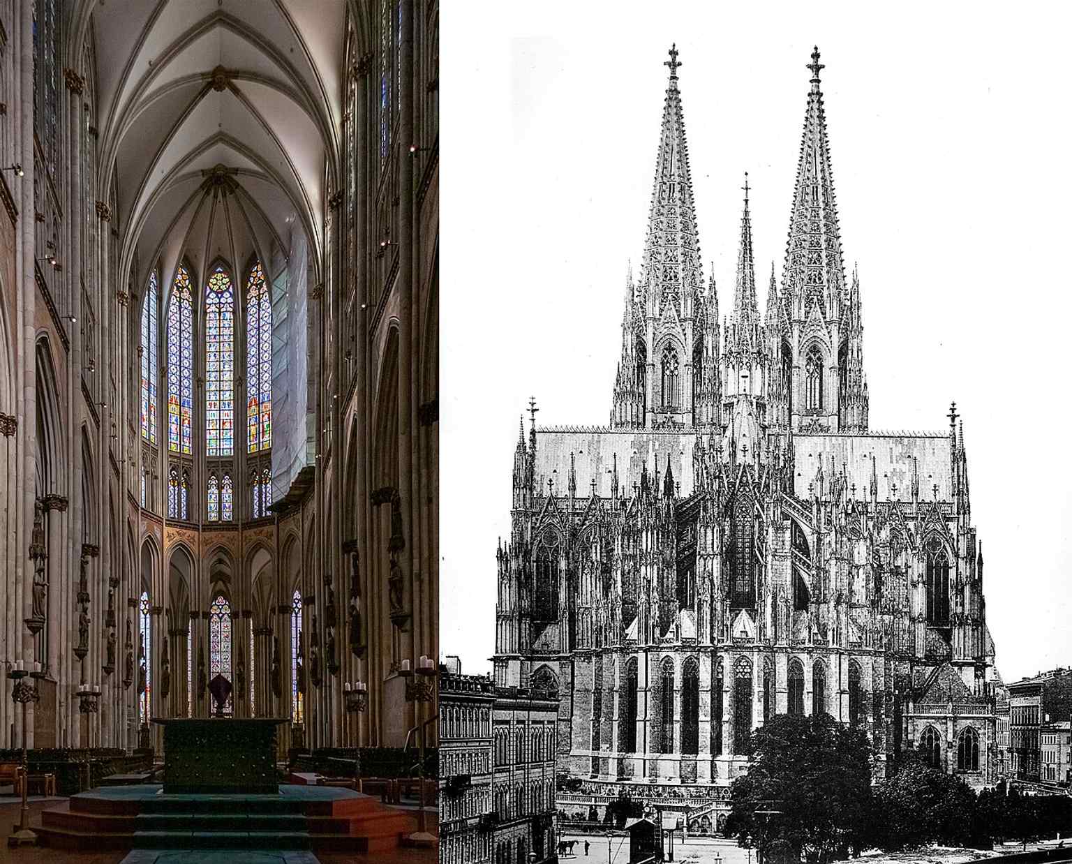 Dieses Bild stellt das komplexe Innere und das tragende äußere Strebewerk des Chors gegenüber, einem Teil der Kathedrale, der für seine 'unverwechselbare, fast klassische Reinheit' des Designs gelobt wird.