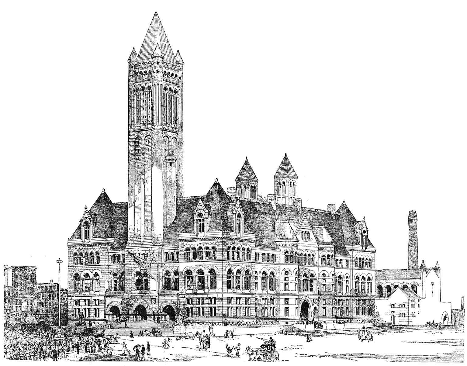 An 1888 illustration of the Allegheny County Complex, highlighting H. H. Richardson's original vision for both the Courthouse and the Old Allegheny County Jail together.
