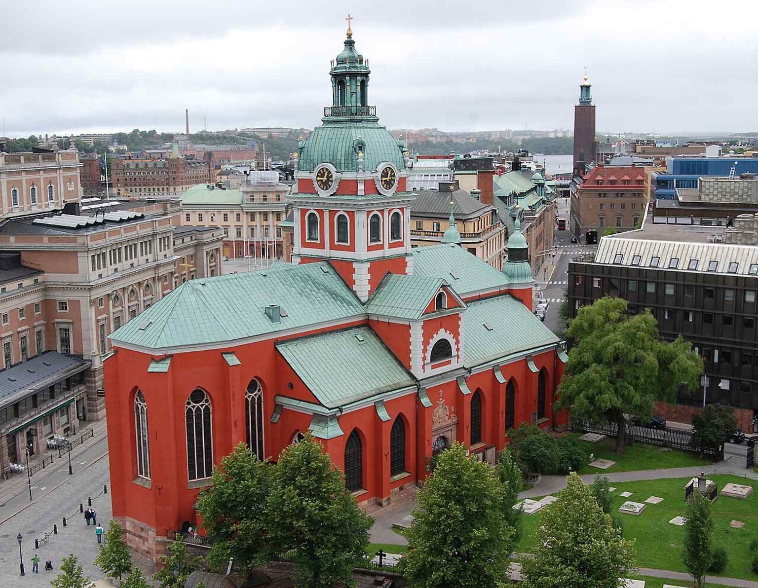 An elevated view of Jacob's Church from Kungsträdgården, showing its strategic location opposite the Opera House.