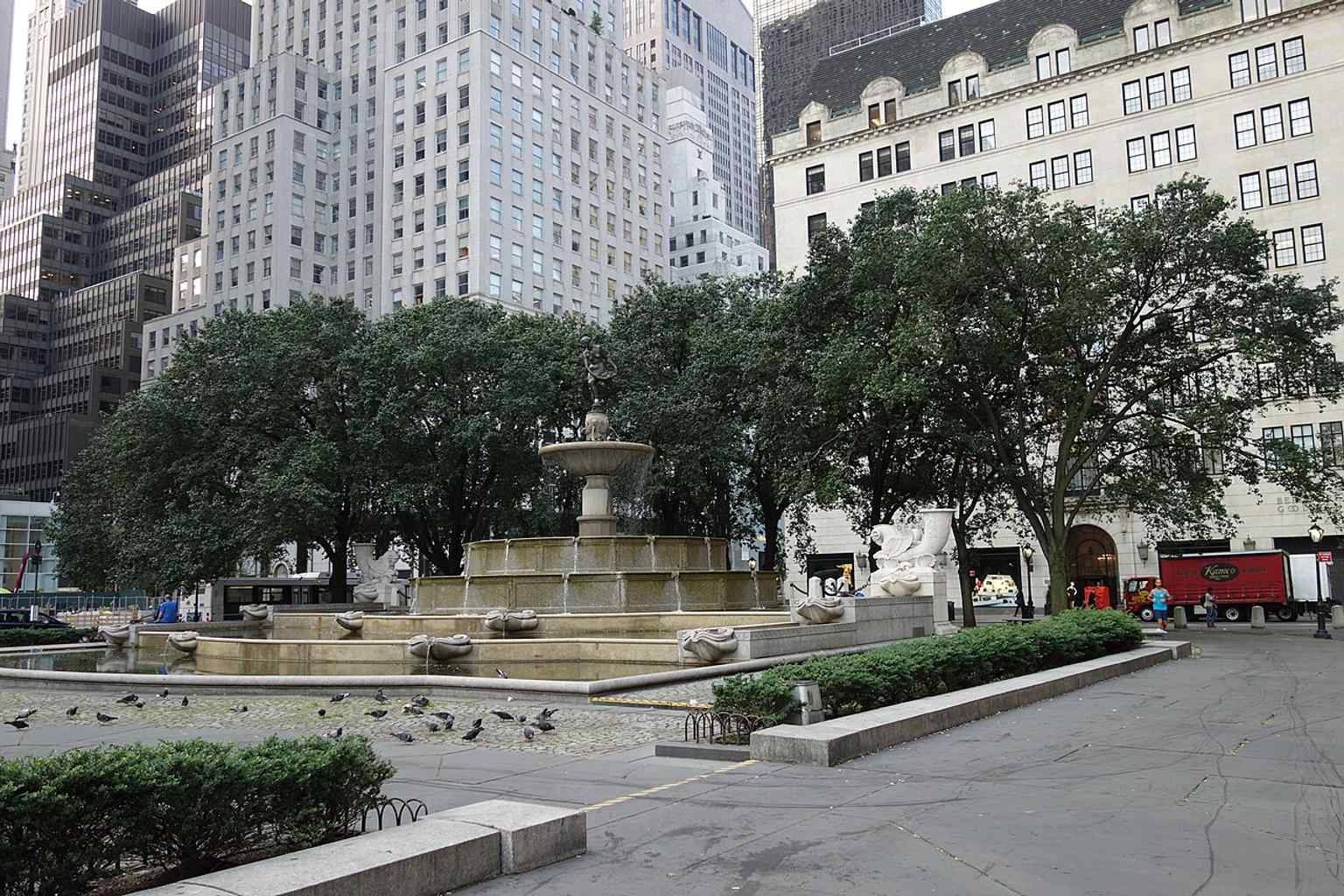 A street-level view of the Pulitzer Fountain in Grand Army Plaza, dedicated in May 1916.