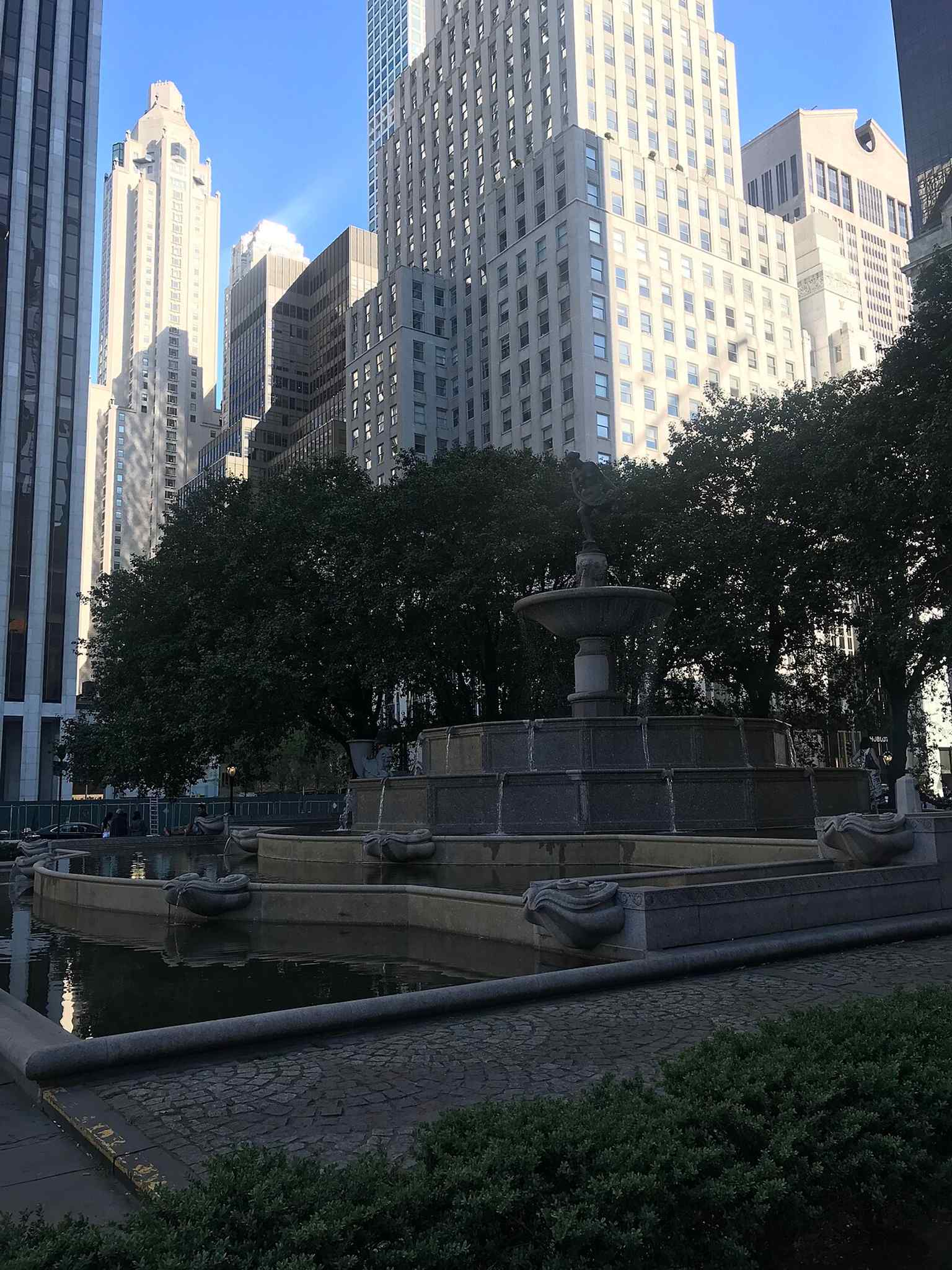 A side view of the Pulitzer Fountain's structure, which was reconstructed in granite during the 1985-1990 restoration to improve its cascading water effect.