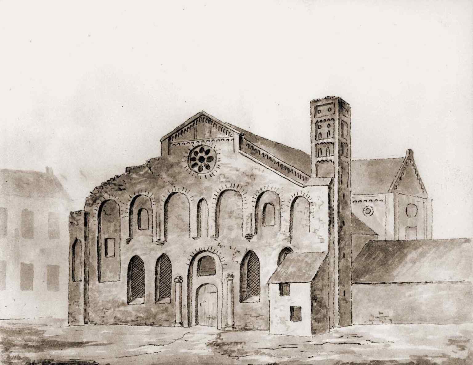 This 1840 drawing illustrates St. Mary's Church from the southwest, offering a glimpse of its appearance shortly before its final complete demolition in 1844, when only the Gothic choir remained.