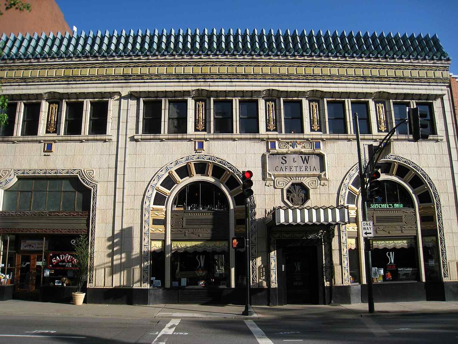 The Art Deco front facade of the historic S & W Cafeteria, built in 1929 and later listed on the National Register.