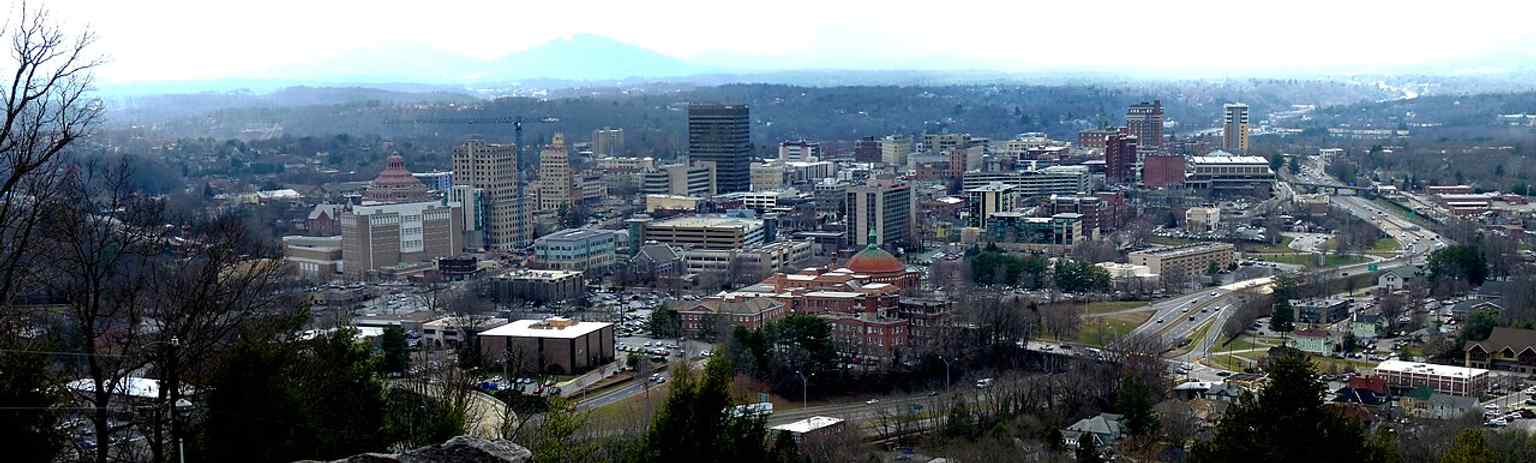 A sweeping downtown view of Asheville’s historic core, showing the dense business district that became a National Register historic district in 1979.