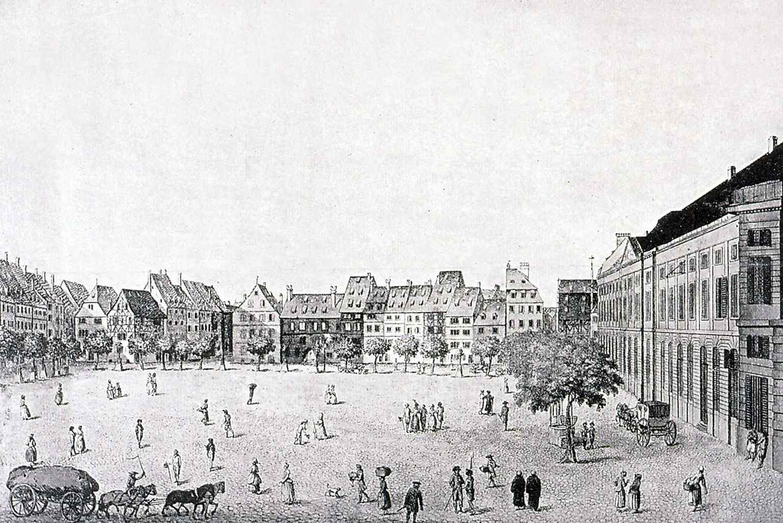 An old view of the Maison Rouge on Place Kléber, recalling the grand building that once stood where the shopping center is today.
