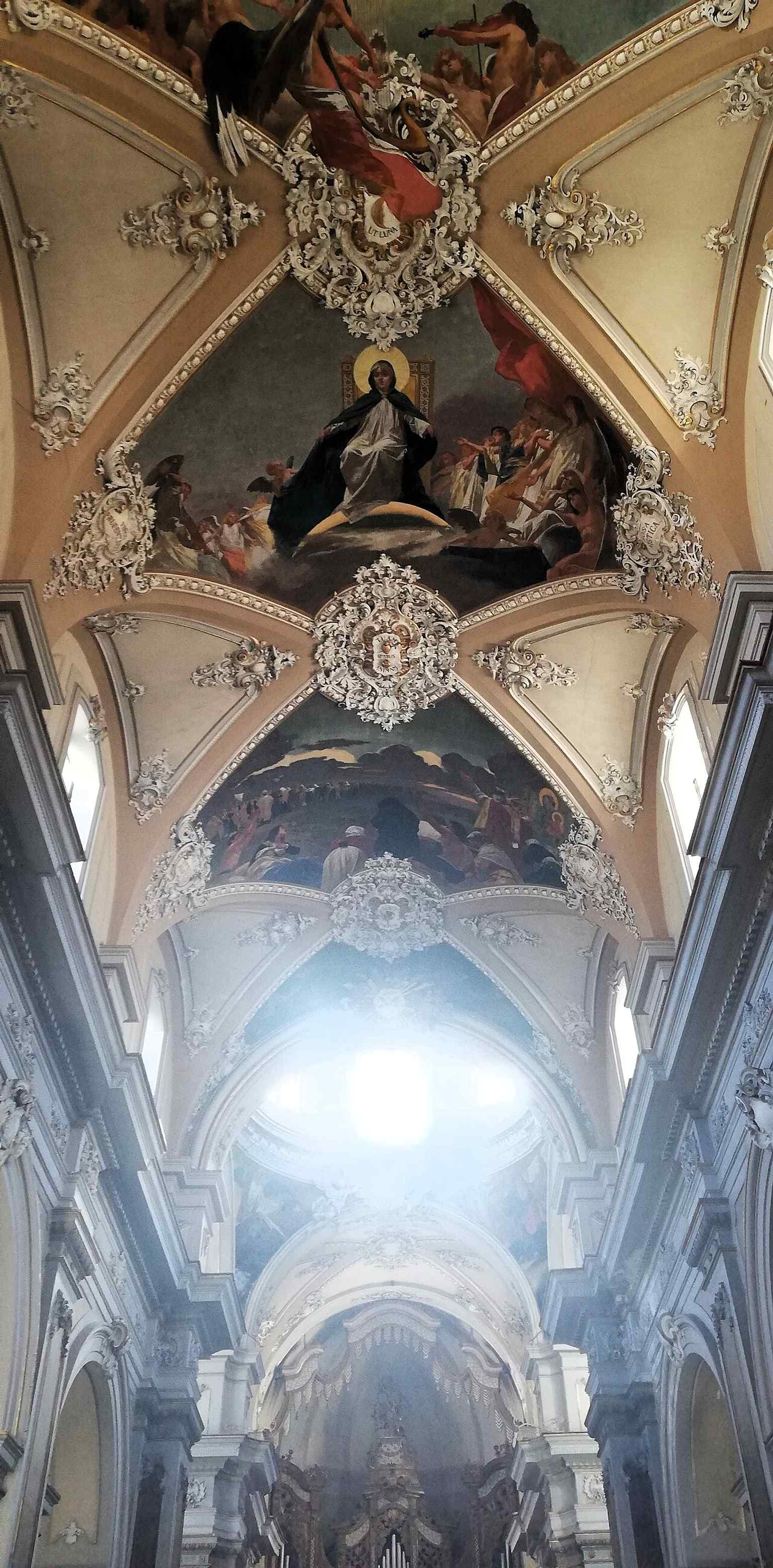 Another vault fresco detail, showing how Sciuti transformed the ceiling into a dramatic painted theology of light, sin, and salvation.