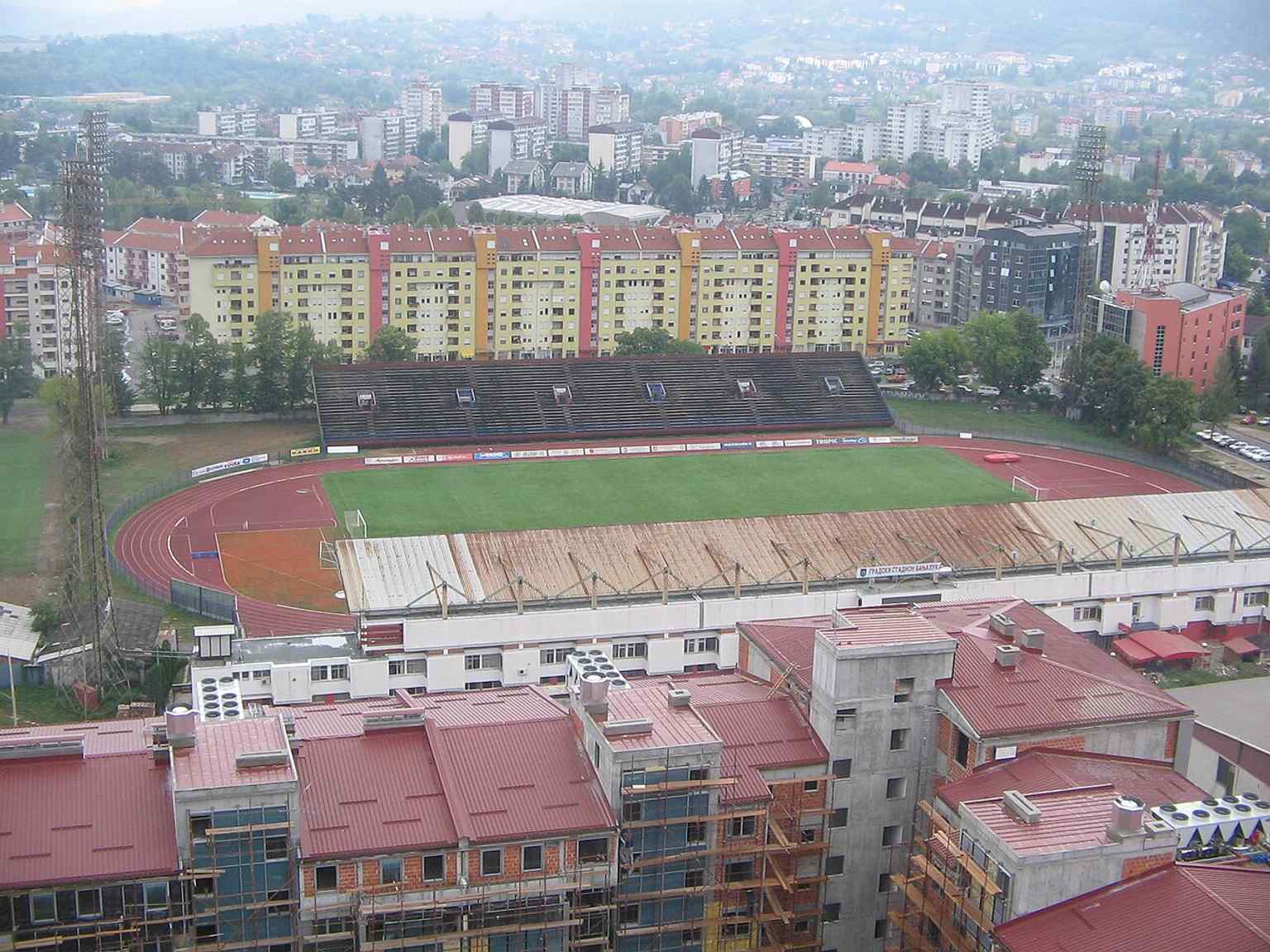 This general exterior view presents the Banja Luka City Stadium, originally inaugurated in 1937 and later renamed after World War II.